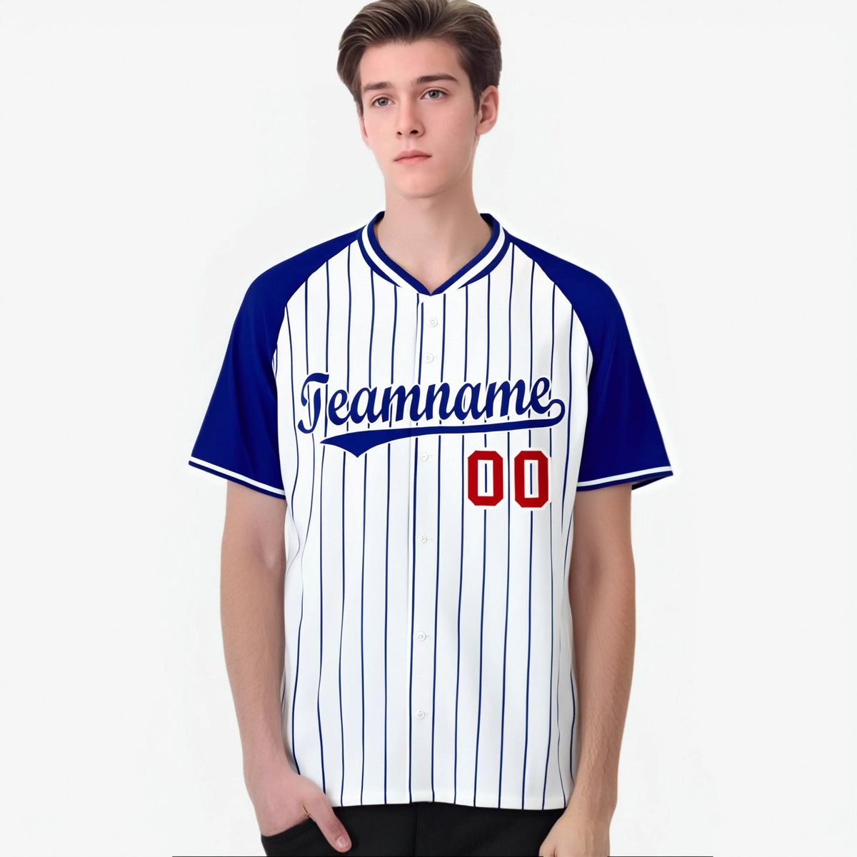 Custom White-Royal Blue Pinstripe Authentic Raglan Sleeves Baseball Jersey