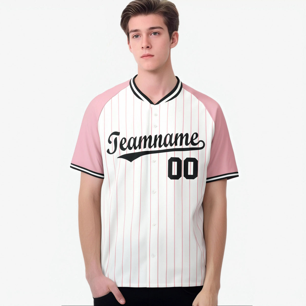Custom White Pink Pinstripe Pink-White Authentic Raglan Sleeves Baseball Jersey