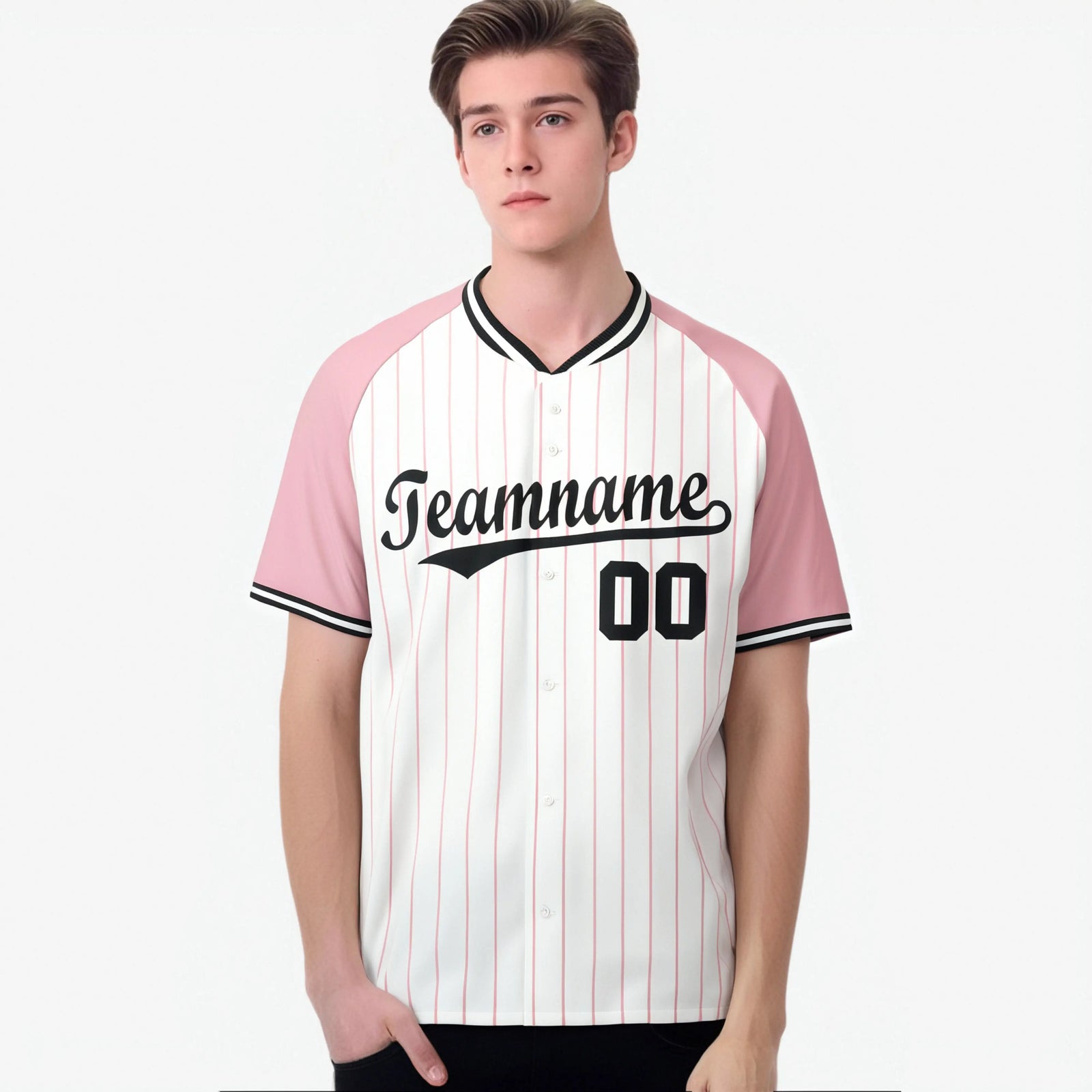 Custom White Pink Pinstripe Pink-White Authentic Raglan Sleeves Baseball Jersey