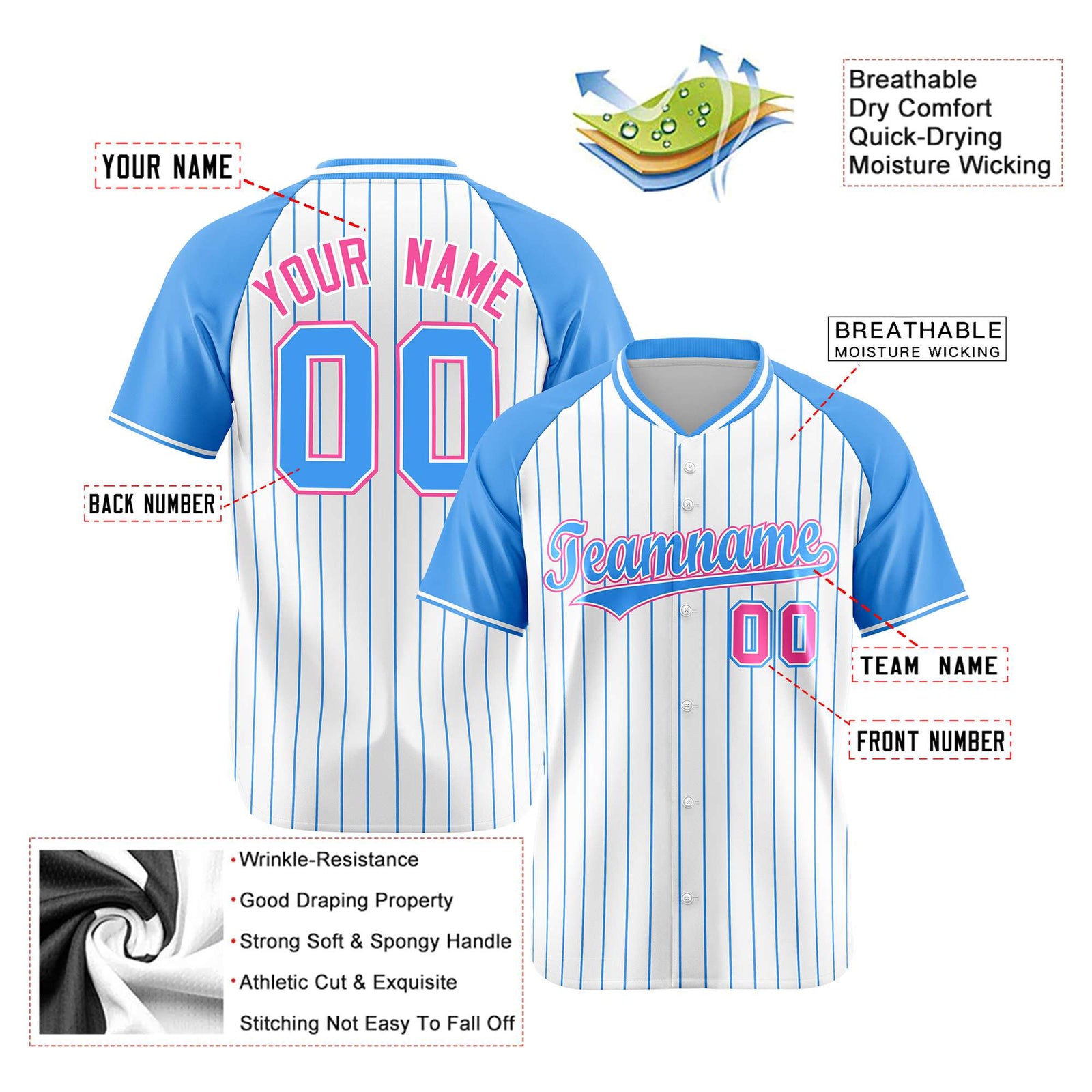 Custom White-Light Blue Pinstripe Authentic Raglan Sleeves Baseball Jersey