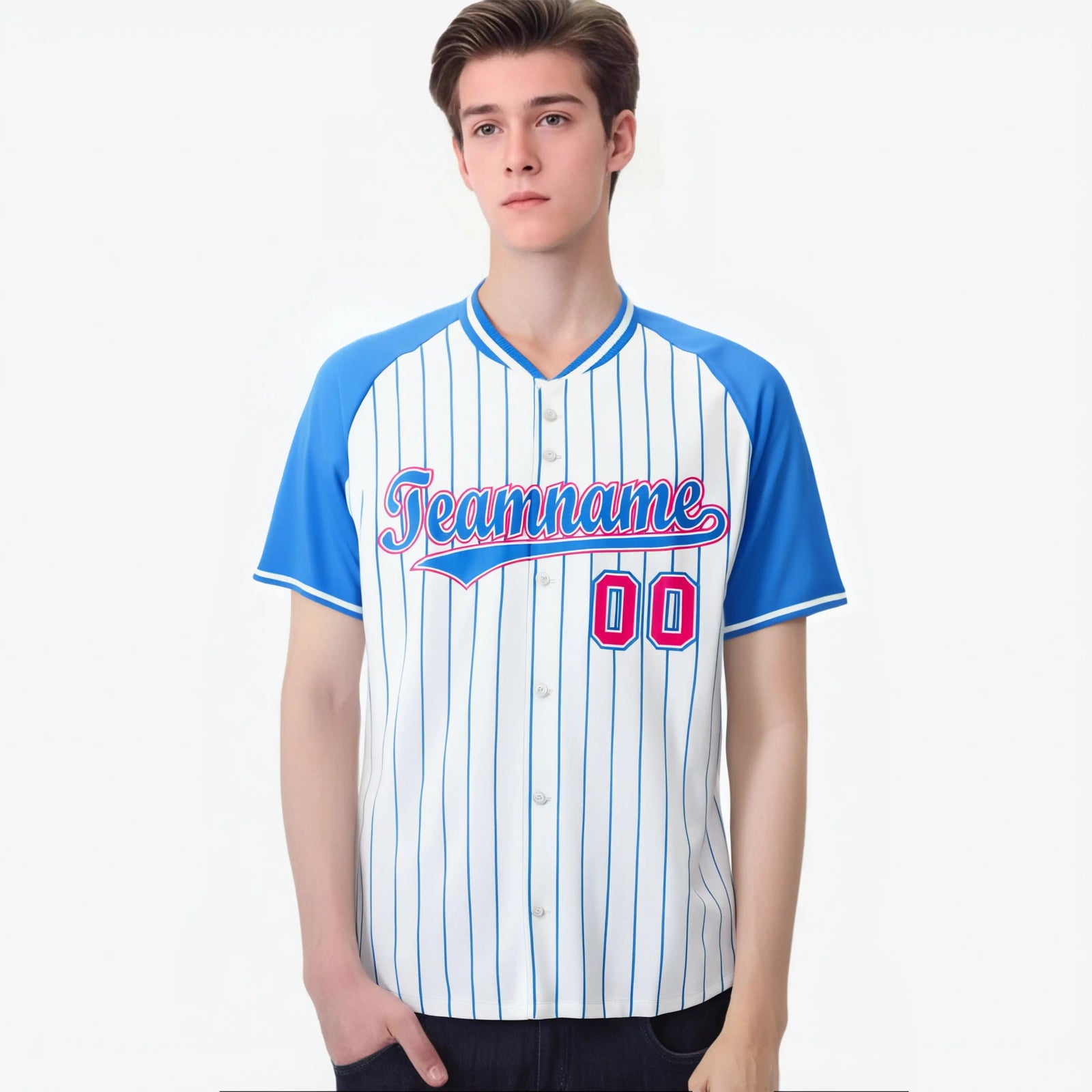 Custom White-Light Blue Pinstripe Authentic Raglan Sleeves Baseball Jersey