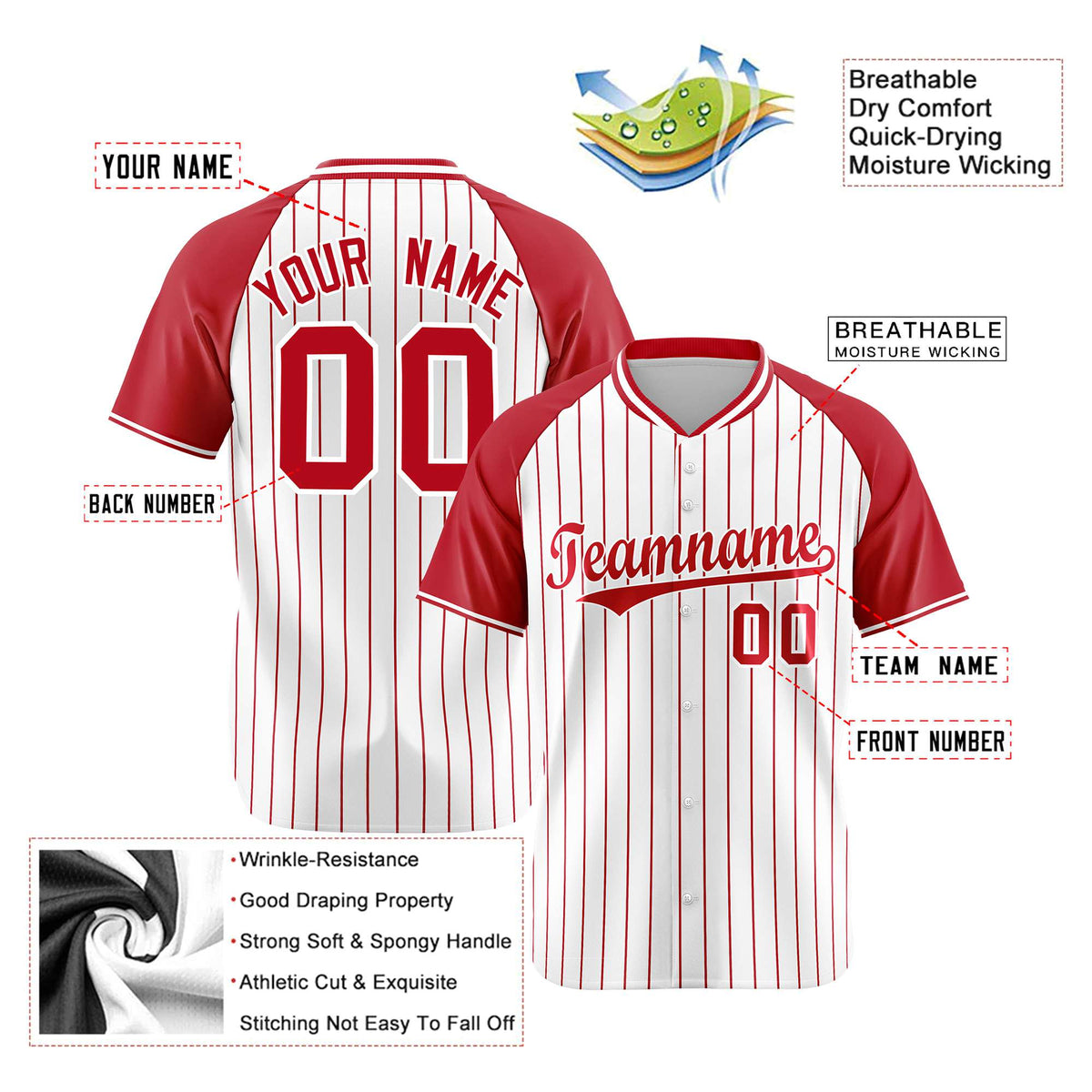 Custom White Red Pinstripe Red-White Authentic Raglan Sleeves Baseball Jersey
