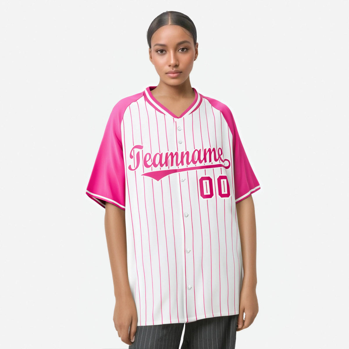 Custom White Pink Pinstripe Pink-White Authentic Raglan Sleeves Baseball Jersey
