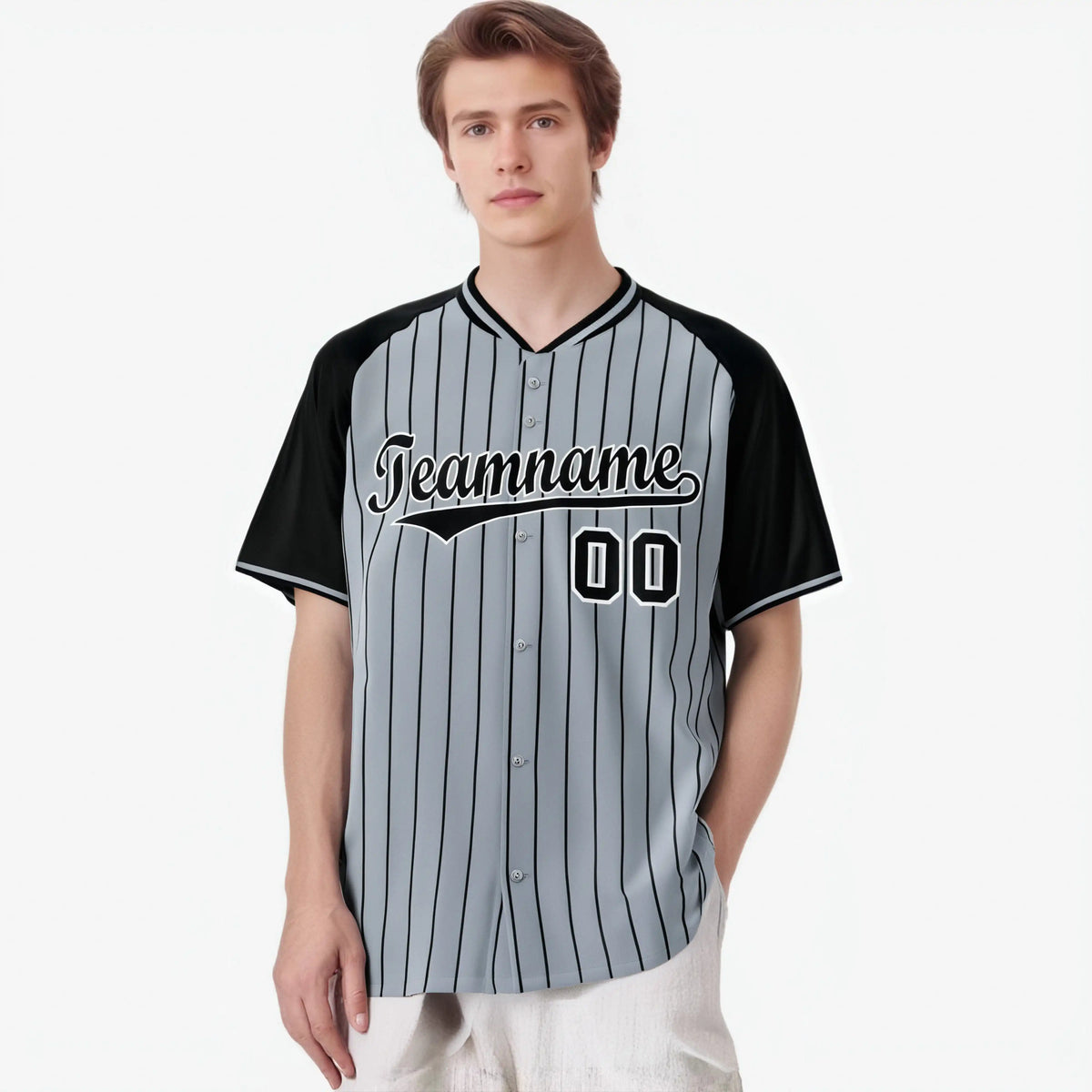 Custom Gray Black Pinstripe Black-Gray Authentic Raglan Sleeves Baseball Jersey