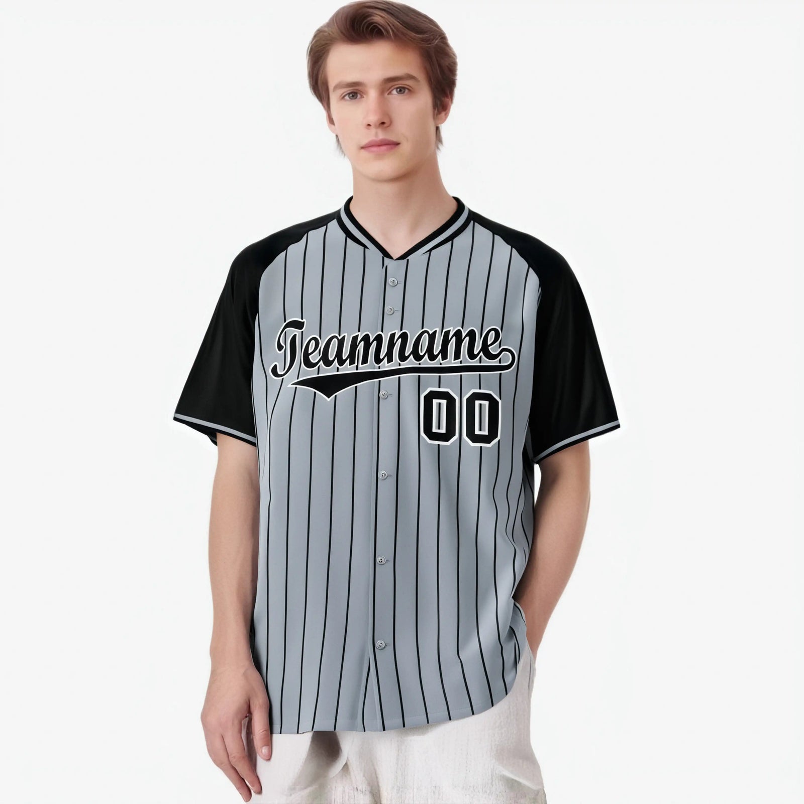 Custom Gray Black Pinstripe Black-Gray Authentic Raglan Sleeves Baseball Jersey