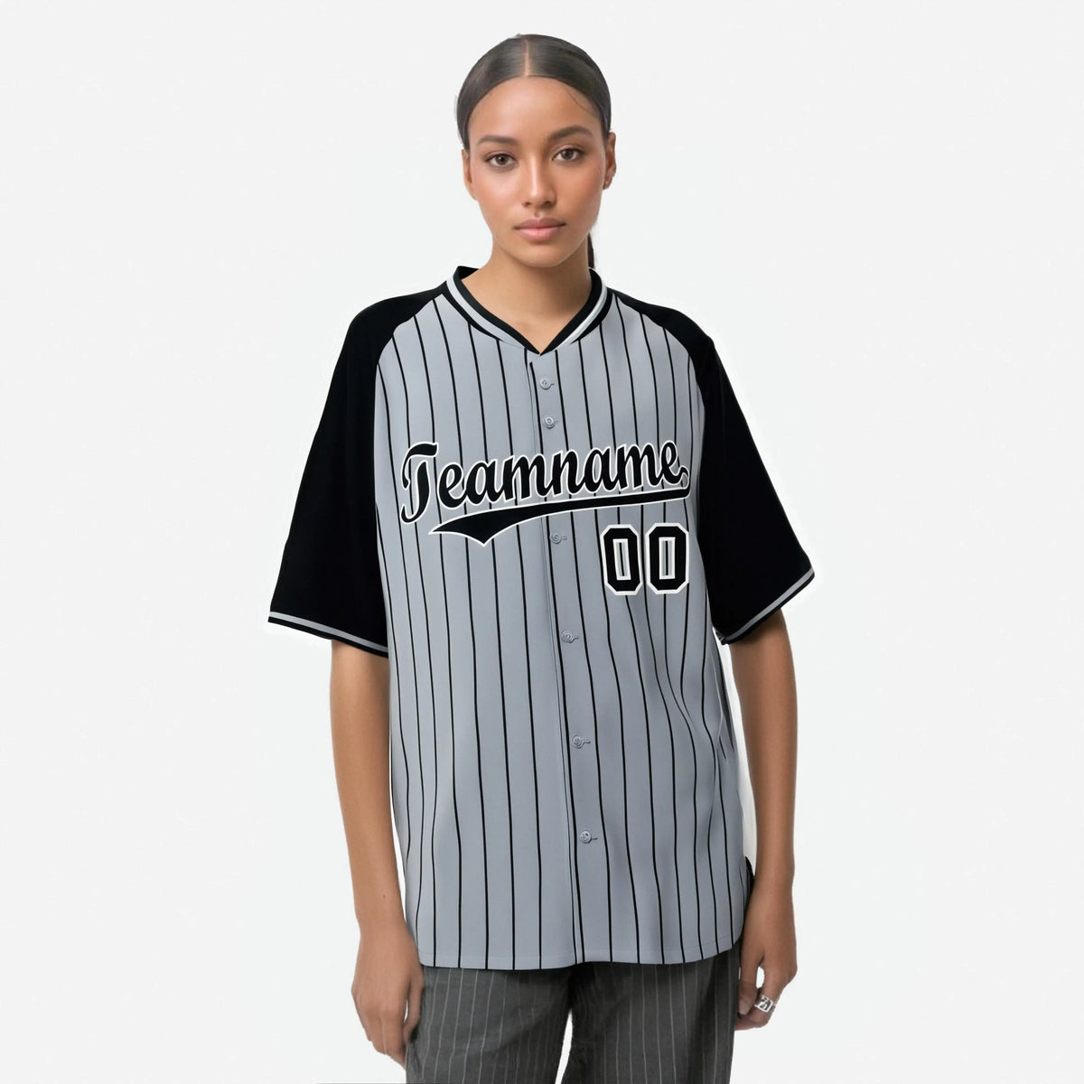 Custom Gray Black Pinstripe Black-Gray Authentic Raglan Sleeves Baseball Jersey