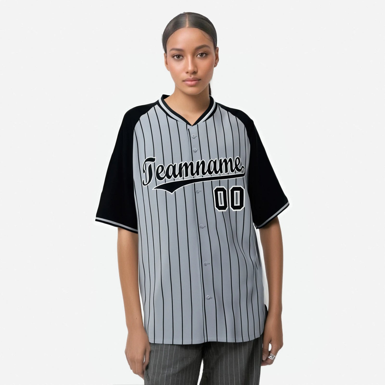 Custom Gray Black Pinstripe Black-Gray Authentic Raglan Sleeves Baseball Jersey