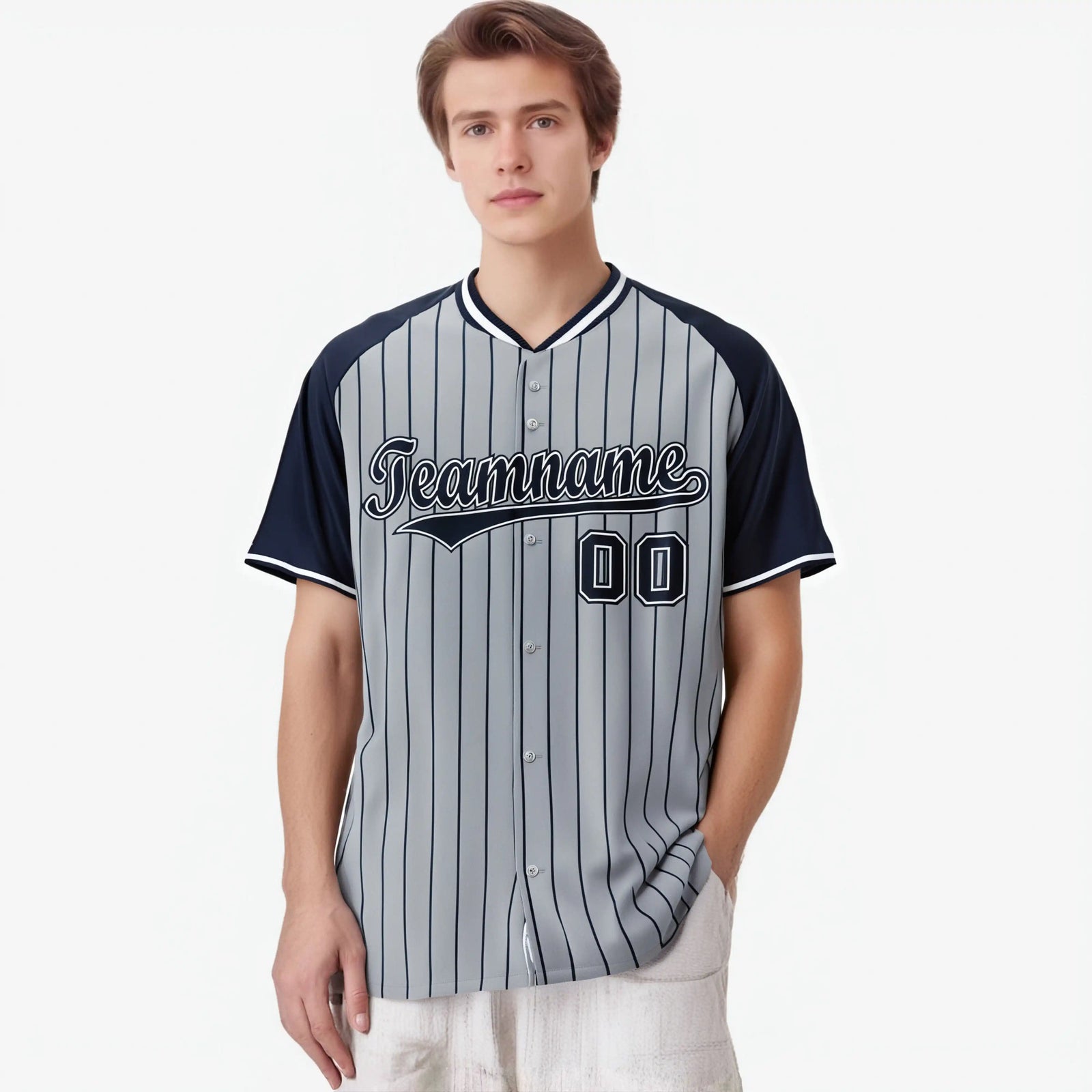 Custom Gray Navy Pinstripe Navy-Gray Authentic Raglan Sleeves Baseball Jersey