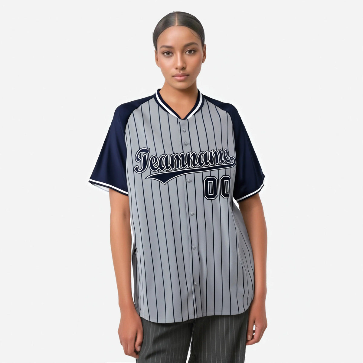 Custom Gray Navy Pinstripe Navy-Gray Authentic Raglan Sleeves Baseball Jersey