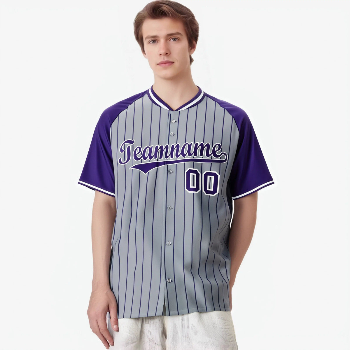 Custom Gray Purple Pinstripe Purple-Gray Authentic Raglan Sleeves Baseball Jersey