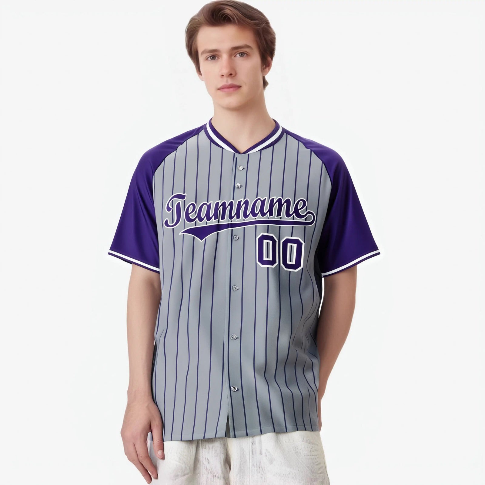 Custom Gray Purple Pinstripe Purple-Gray Authentic Raglan Sleeves Baseball Jersey