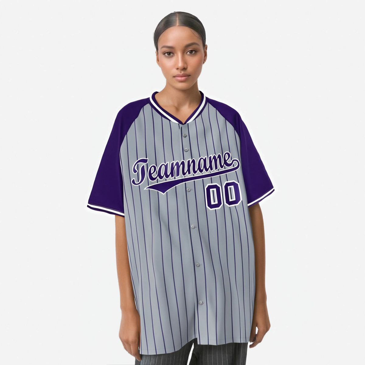 Custom Gray Purple Pinstripe Purple-Gray Authentic Raglan Sleeves Baseball Jersey