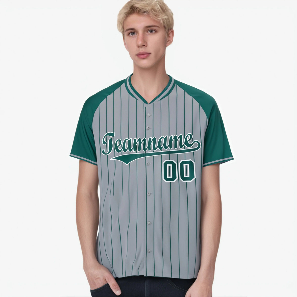 Custom Gray Aqua Pinstripe Authentic Raglan Sleeves Baseball Jersey