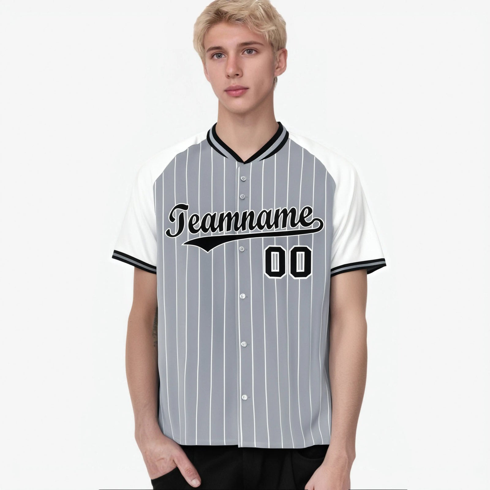 Custom Gray White Pinstripe White-Gray Authentic Raglan Sleeves Baseball Jersey