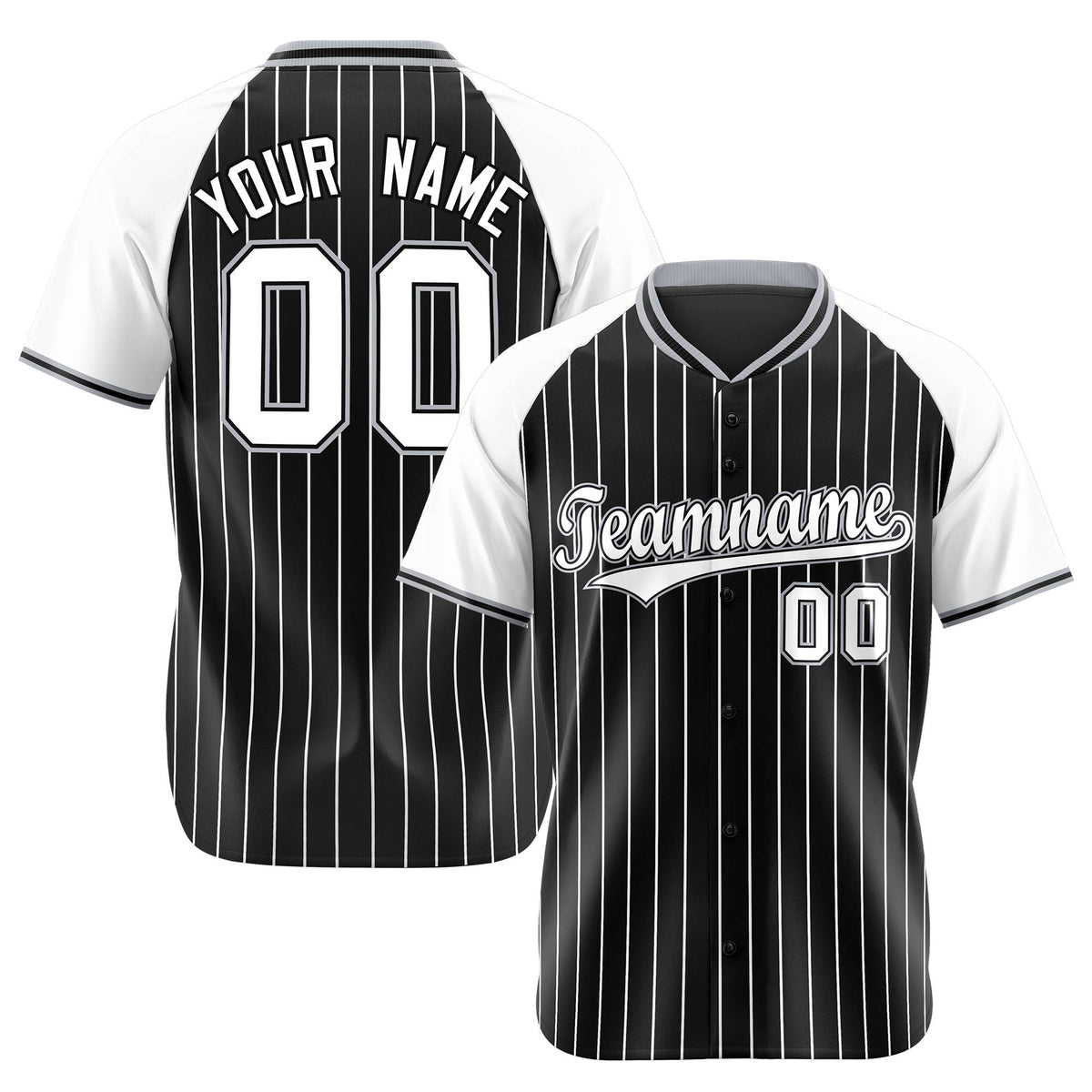 Custom Black White Pinstripe White-Black Authentic Raglan Sleeves Baseball Jersey