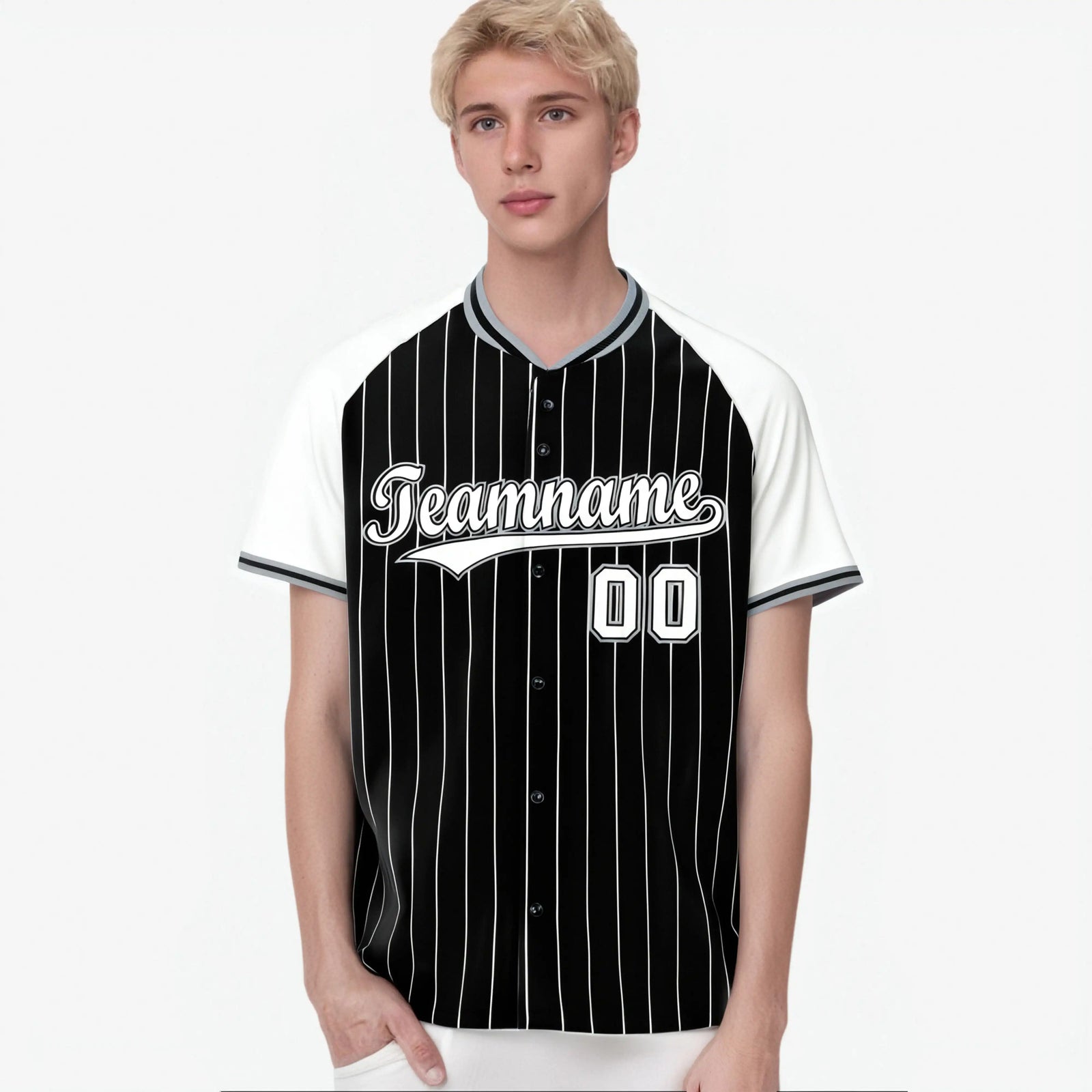 Custom Black White Pinstripe White-Black Authentic Raglan Sleeves Baseball Jersey