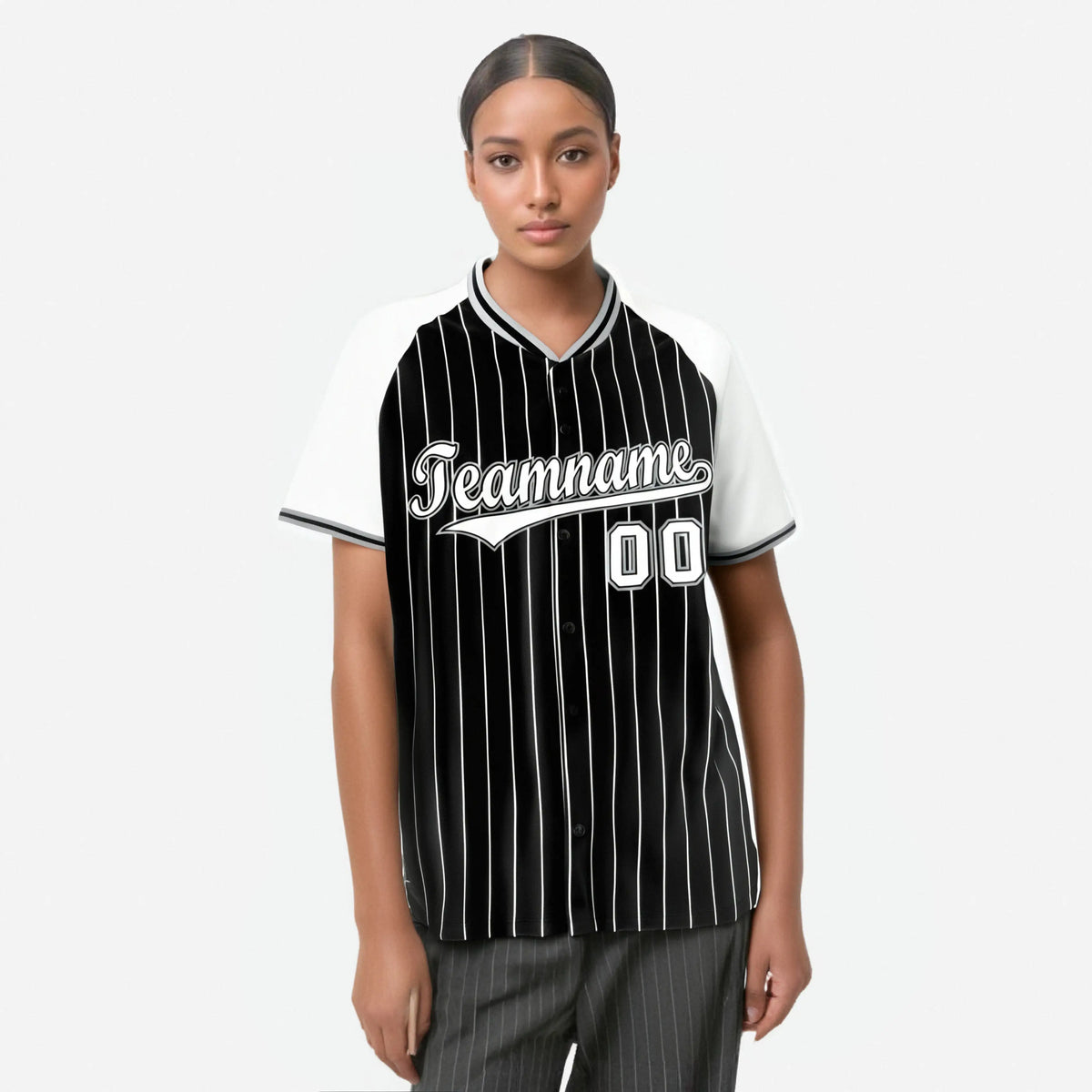 Custom Black White Pinstripe White-Black Authentic Raglan Sleeves Baseball Jersey