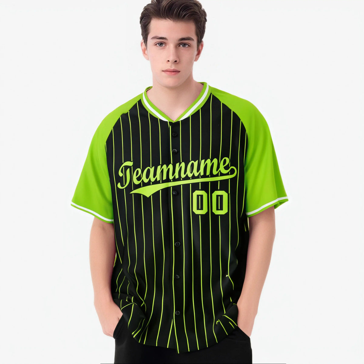 Custom Black-Neon Green Pinstripe Black-Neon Green Authentic Raglan Sleeves Baseball Jersey
