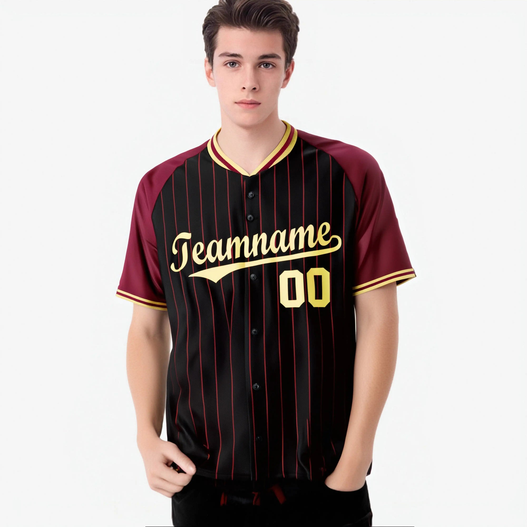 Custom Black Crimson Pinstripe Crimson-Black Authentic Raglan Sleeves Baseball Jersey