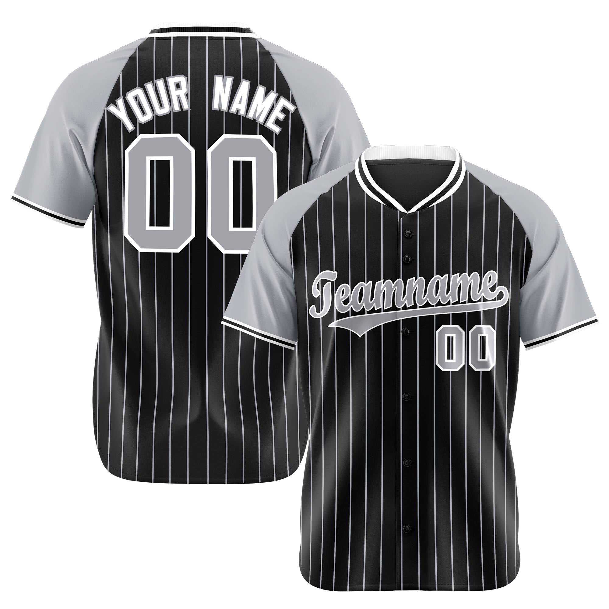 Custom Black Gray Pinstripe Gray-Black Authentic Raglan Sleeves Baseball Jersey