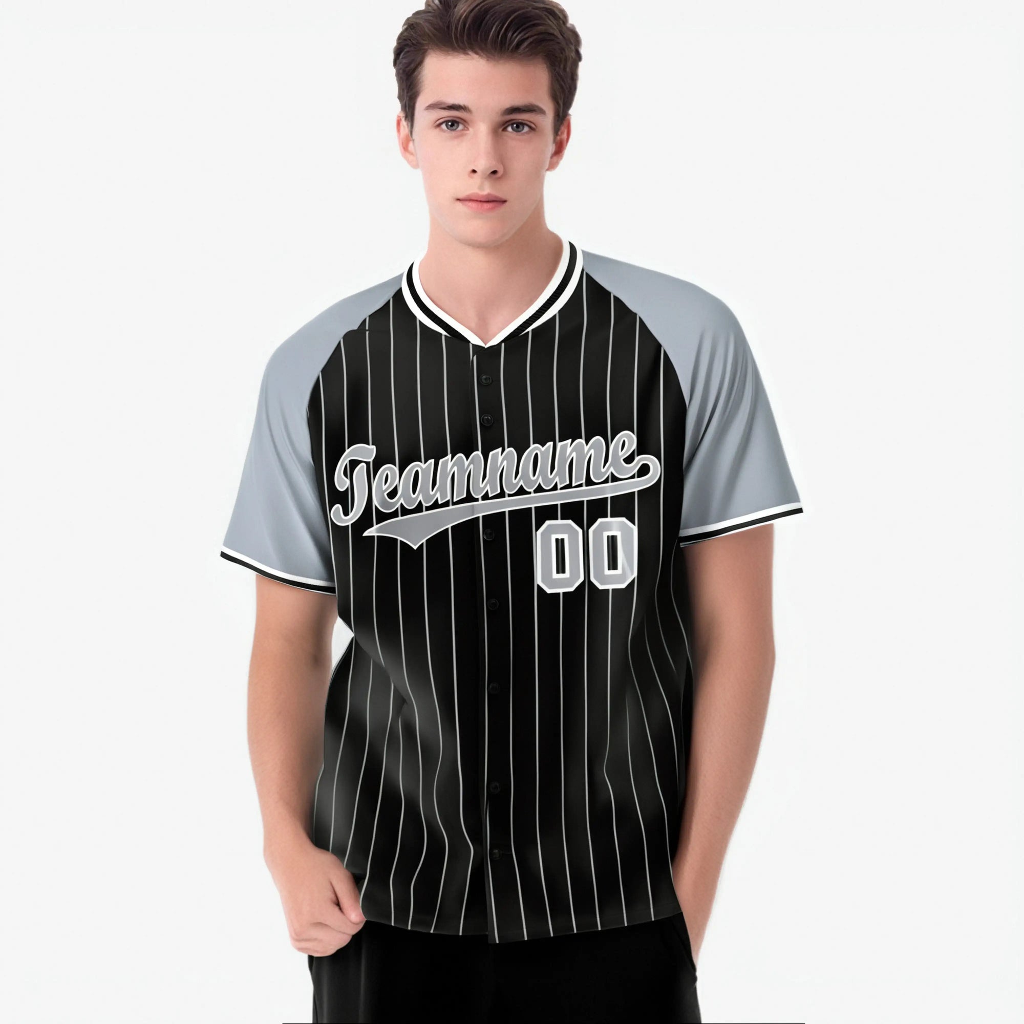 Custom Black Gray Pinstripe Gray-Black Authentic Raglan Sleeves Baseball Jersey