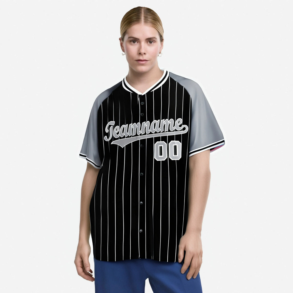 Custom Black Gray Pinstripe Gray-Black Authentic Raglan Sleeves Baseball Jersey