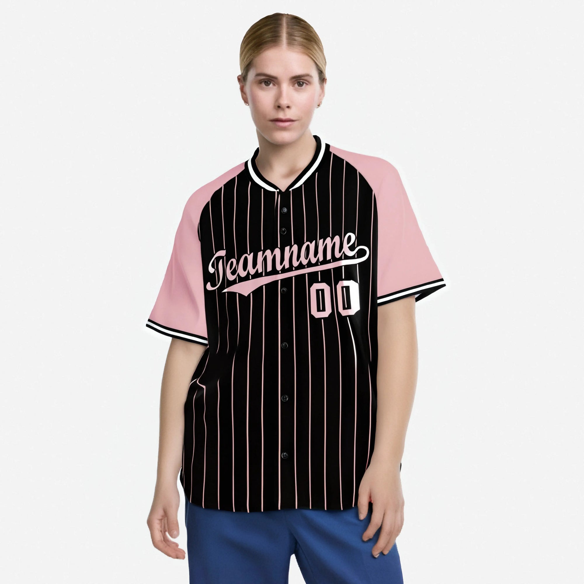 Custom Black Pink Pinstripe Pink-Black Authentic Raglan Sleeves Baseball Jersey