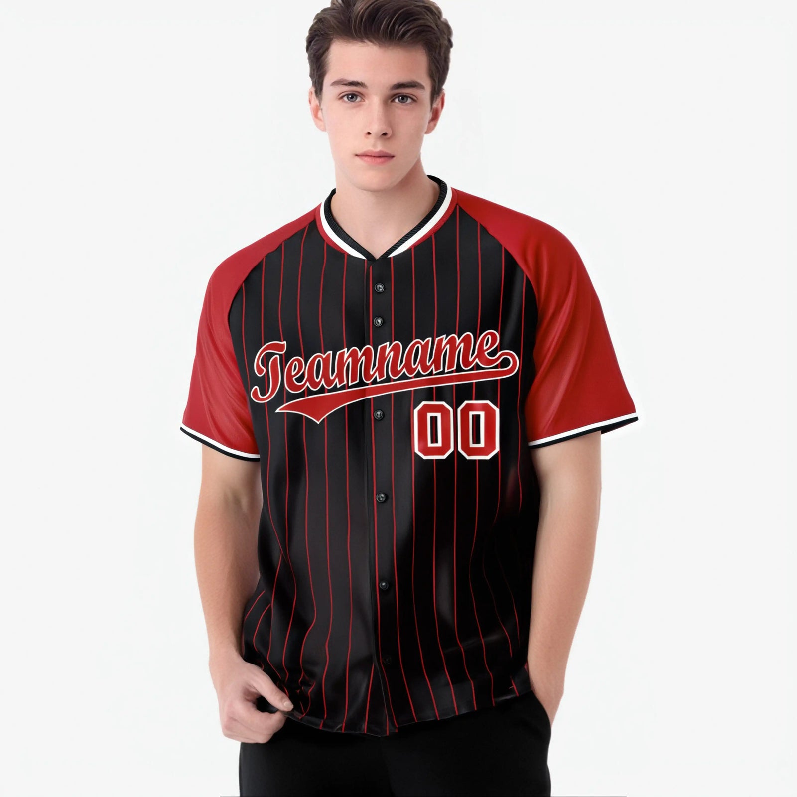 Custom Black Red Pinstripe Red-Black Authentic Raglan Sleeves Baseball Jersey