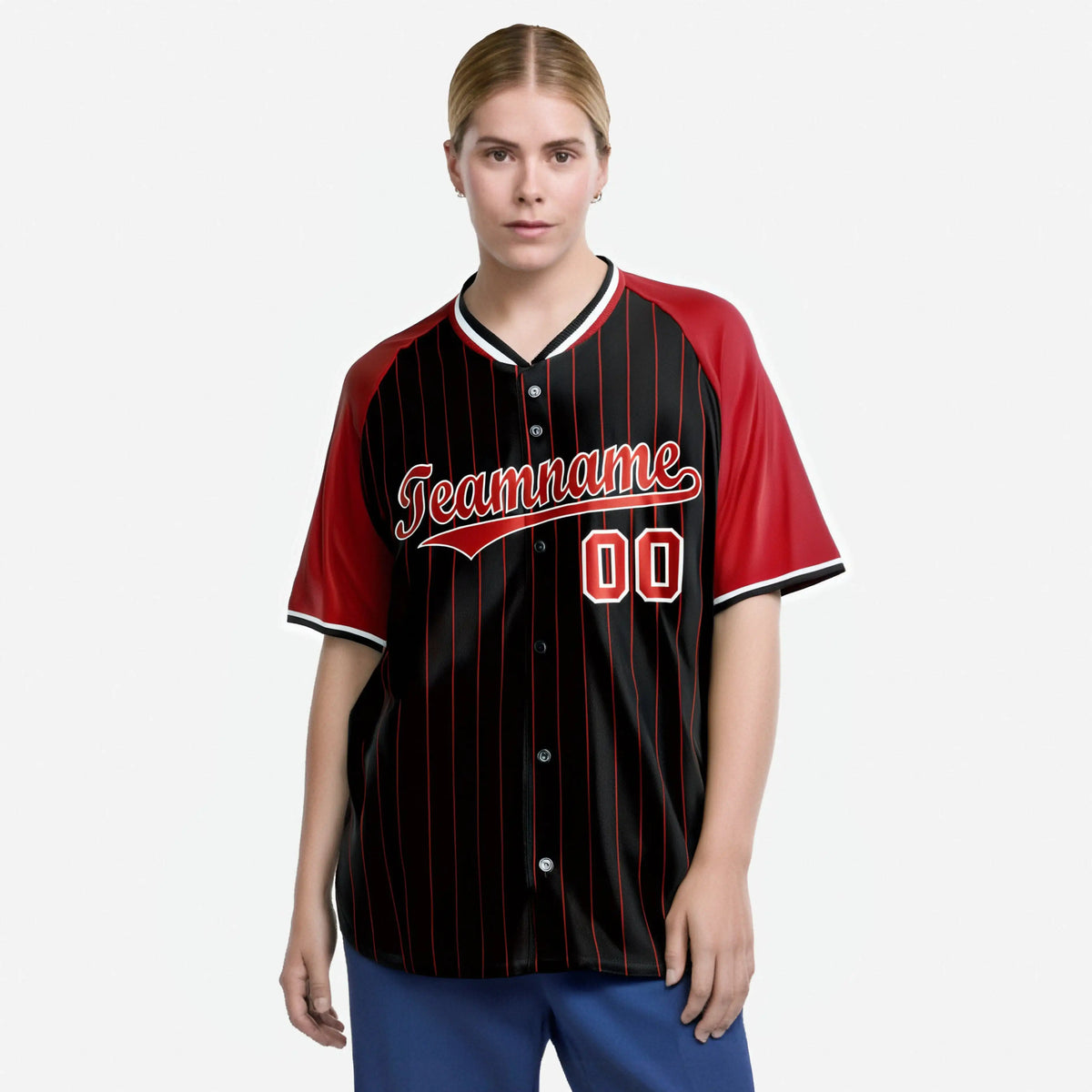 Custom Black Red Pinstripe Red-Black Authentic Raglan Sleeves Baseball Jersey