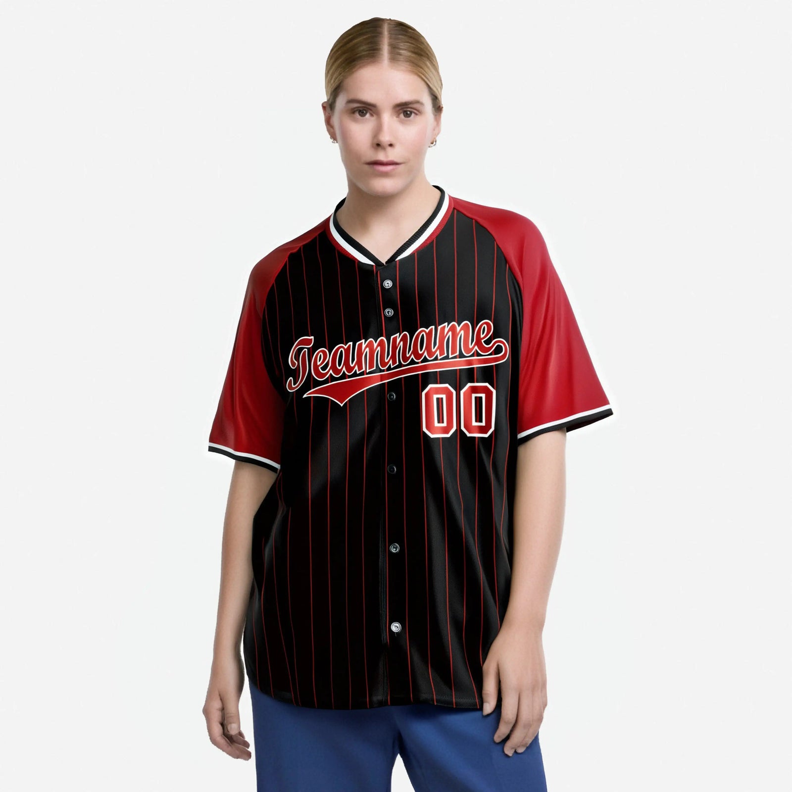 Custom Black Red Pinstripe Red-Black Authentic Raglan Sleeves Baseball Jersey