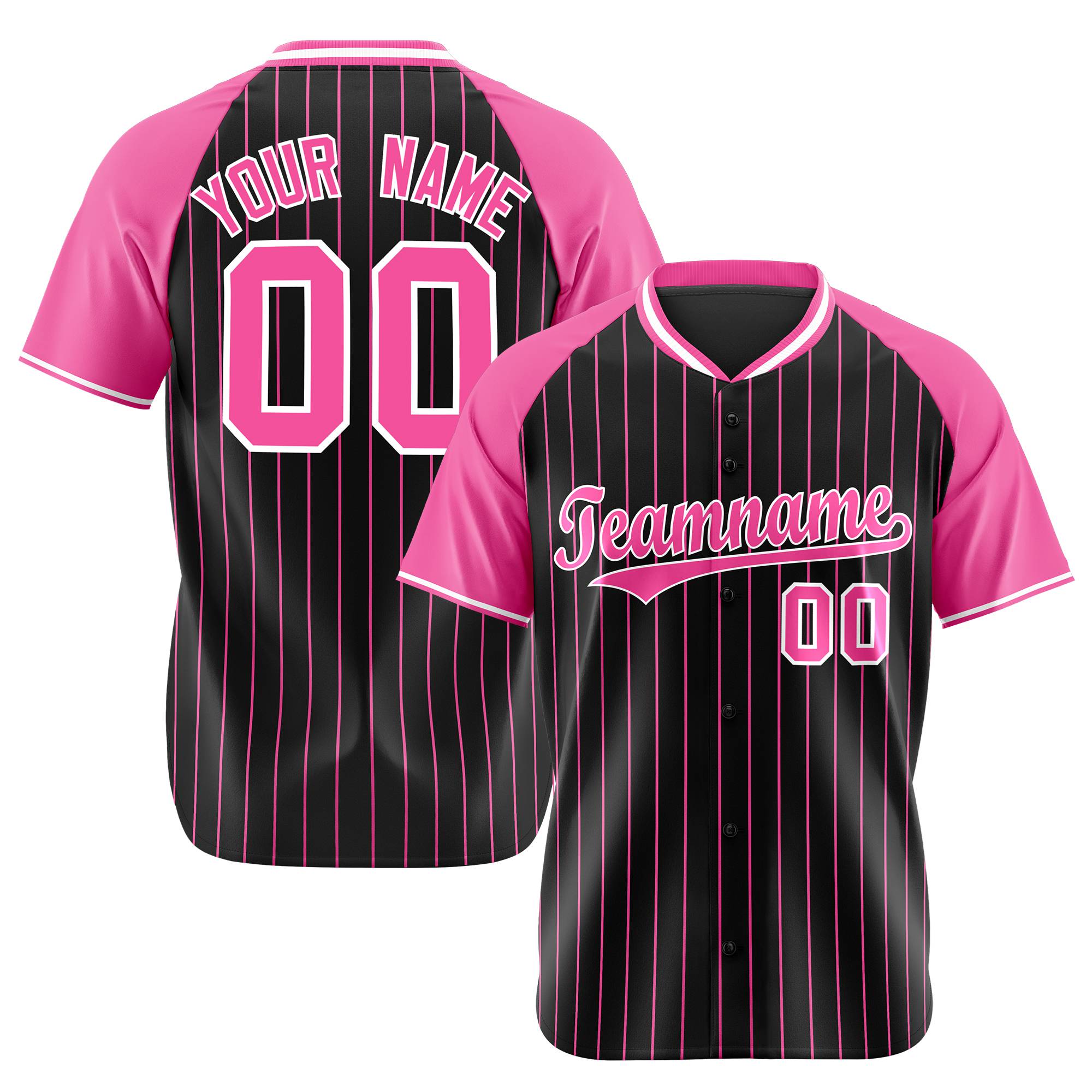 Custom Black Pink Pinstripe Pink-Black Authentic Raglan Sleeves Baseball Jersey