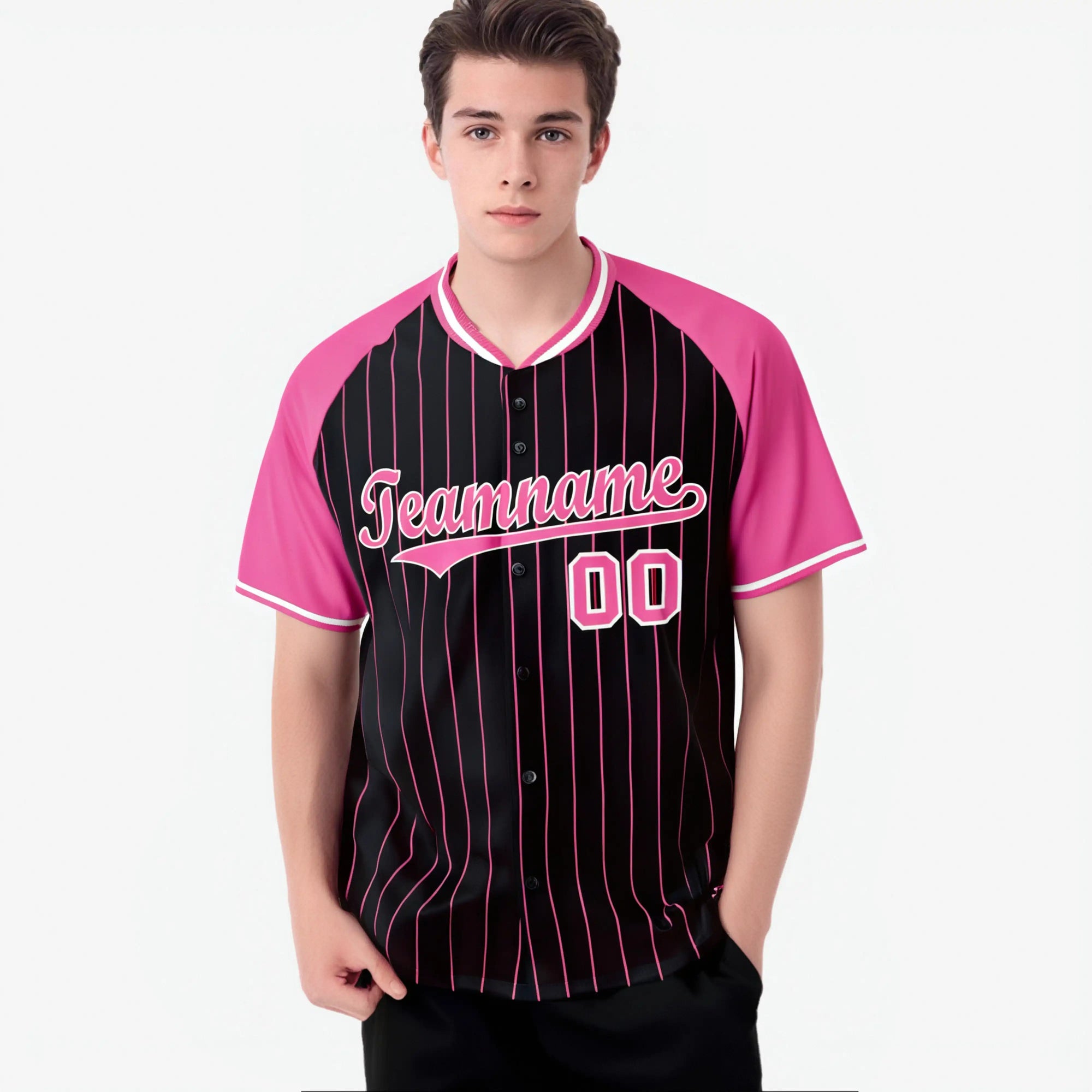 Custom Black Pink Pinstripe Pink-Black Authentic Raglan Sleeves Baseball Jersey