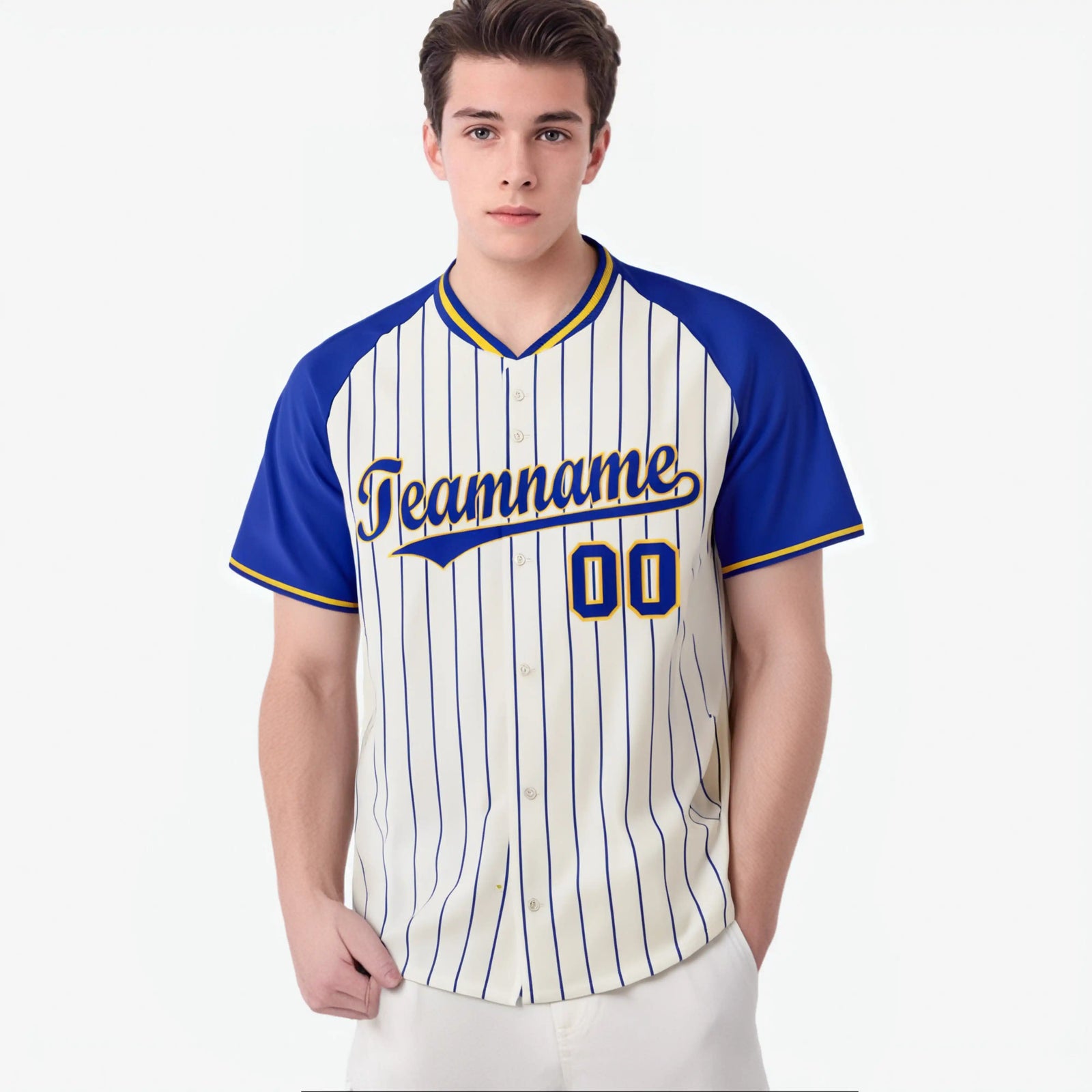 Custom Khaki Blue Pinstripe Authentic Raglan Sleeves Baseball Jersey