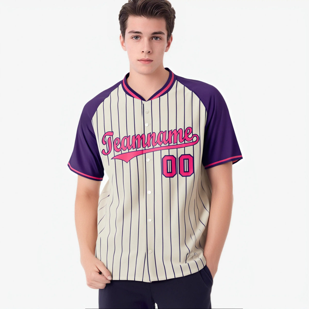 Custom Khaki Purple Pinstripe Authentic Raglan Sleeves Baseball Jersey