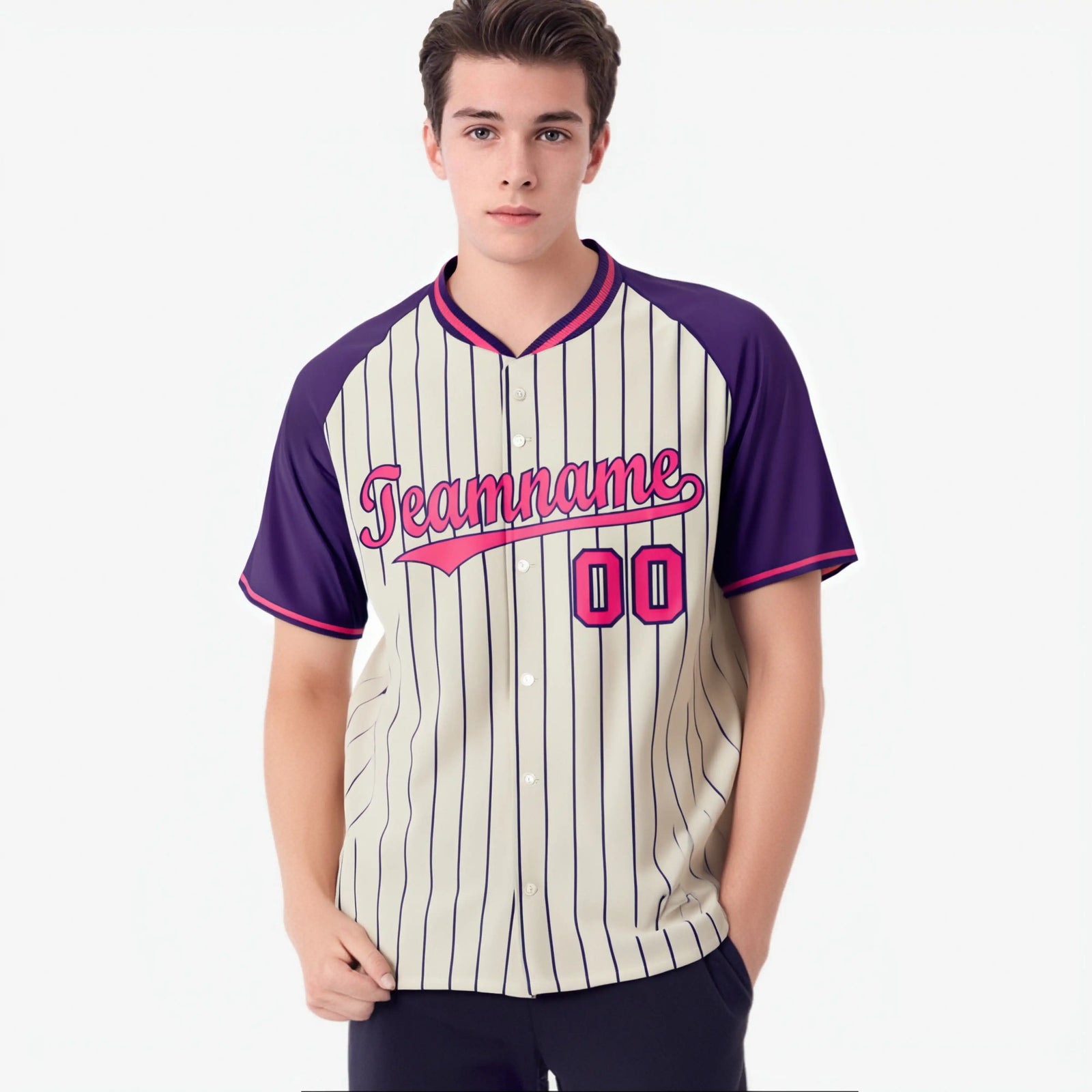 Custom Khaki Purple Pinstripe Authentic Raglan Sleeves Baseball Jersey