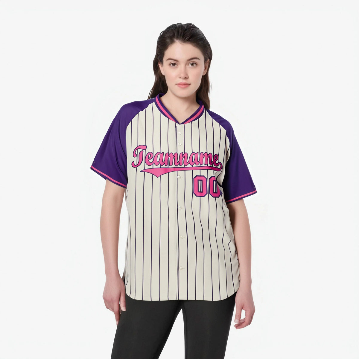 Custom Khaki Purple Pinstripe Authentic Raglan Sleeves Baseball Jersey