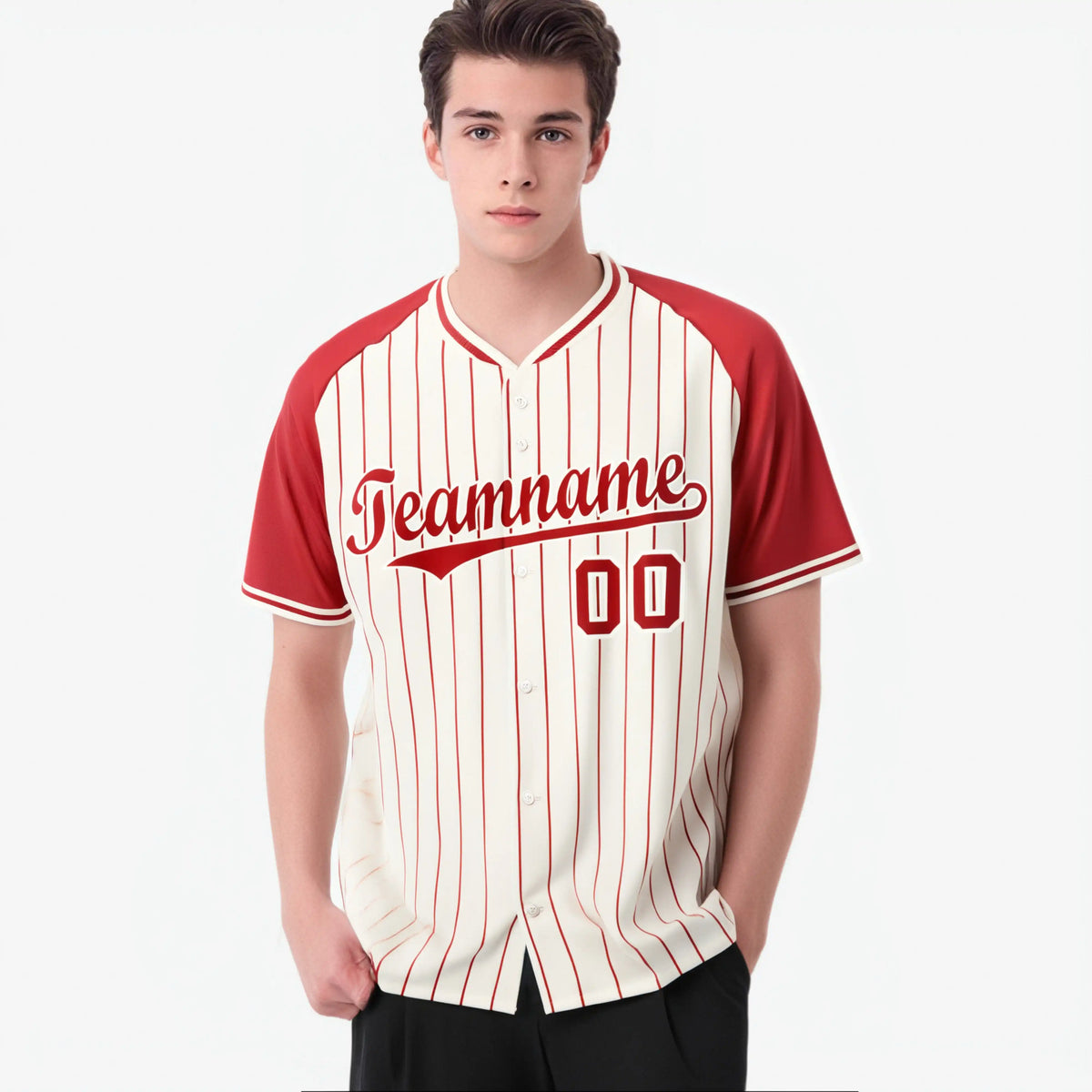 Custom Cream Red Pinstripe Red-Cream Authentic Raglan Sleeves Baseball Jersey