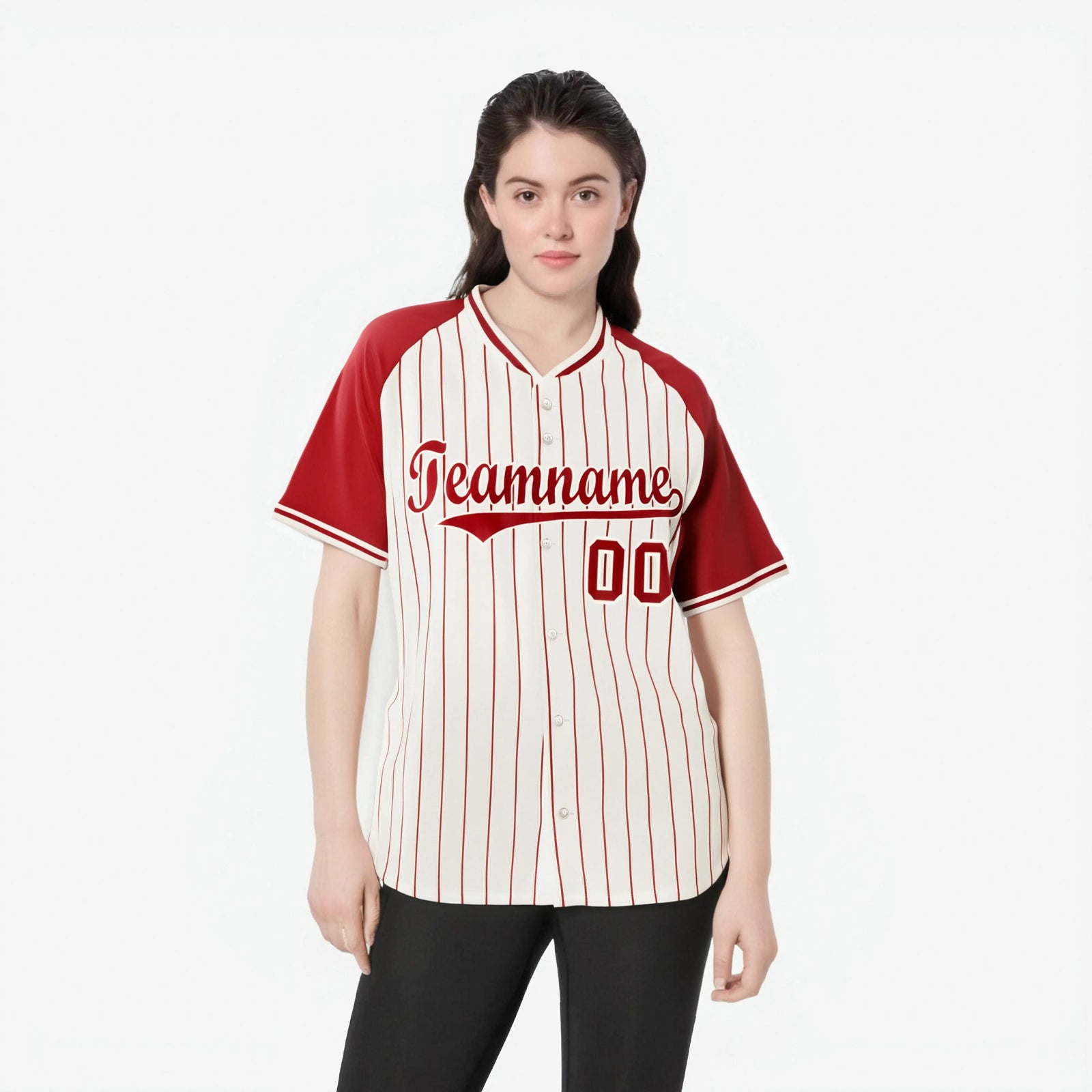 Custom Cream Red Pinstripe Red-Cream Authentic Raglan Sleeves Baseball Jersey