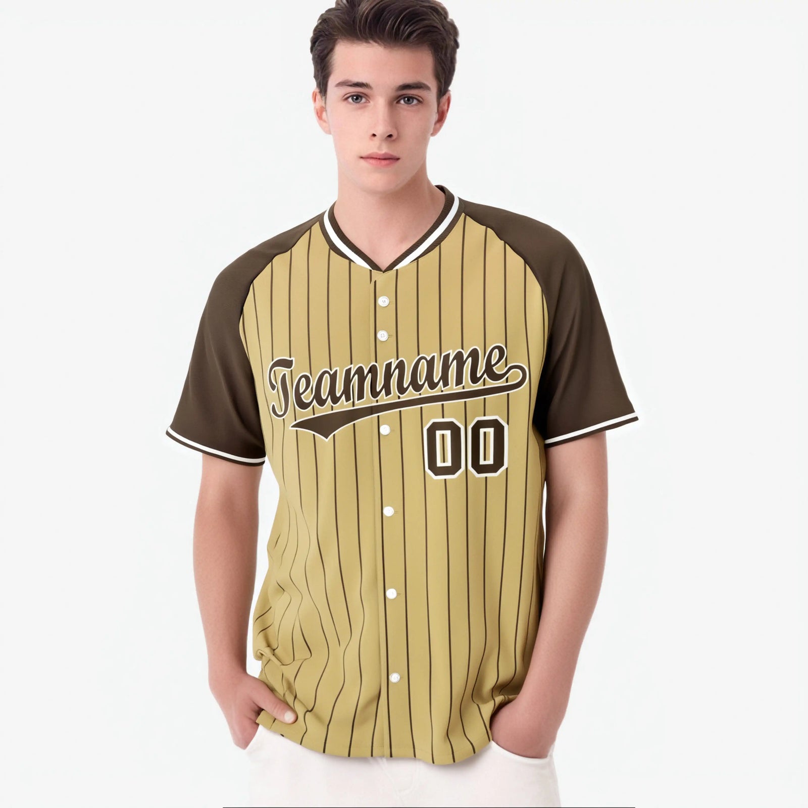 Custom Khaki-Light Brown Pinstripe Authentic Raglan Sleeves Baseball Jersey
