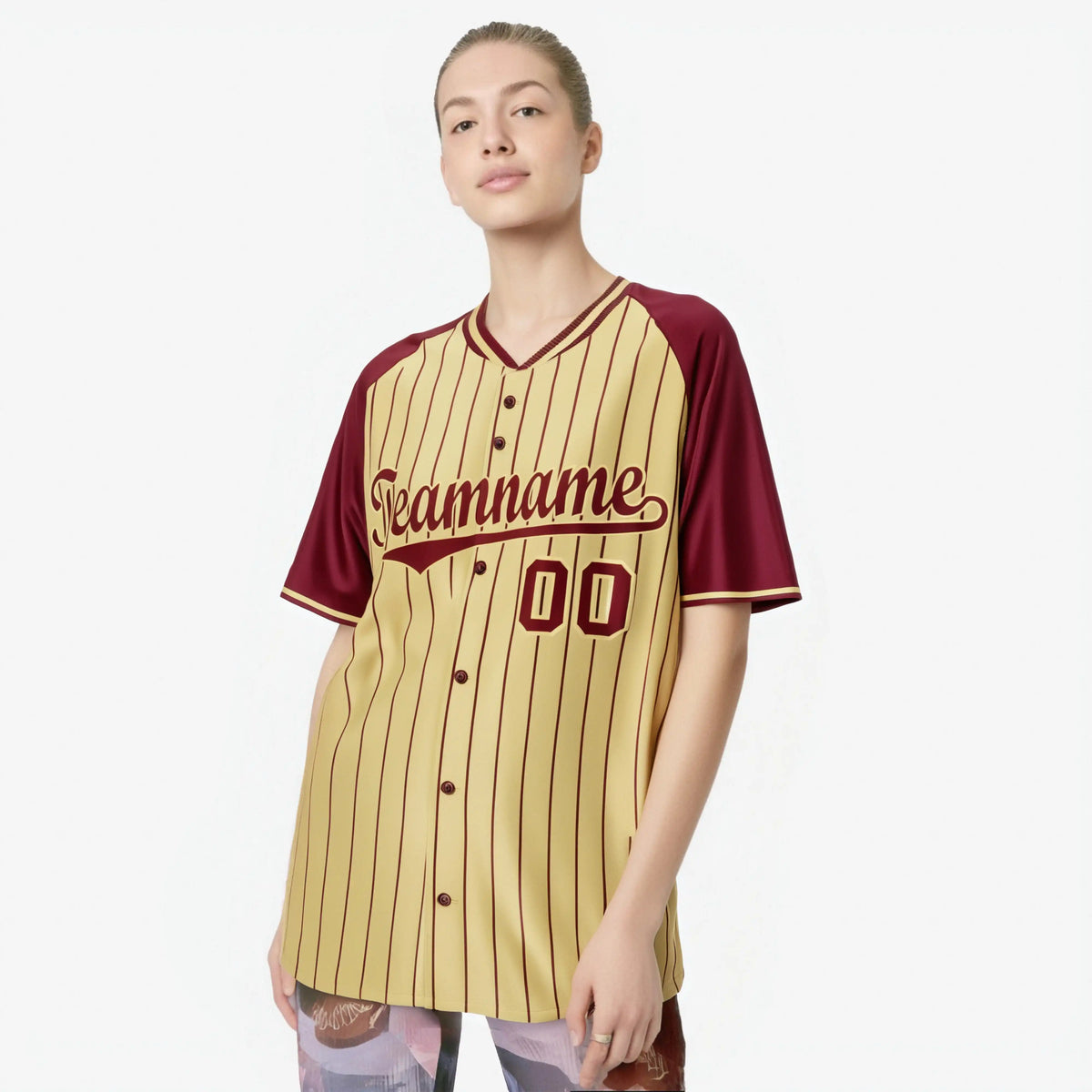 Custom Khaki Crimson Pinstripe Authentic Raglan Sleeves Baseball Jersey