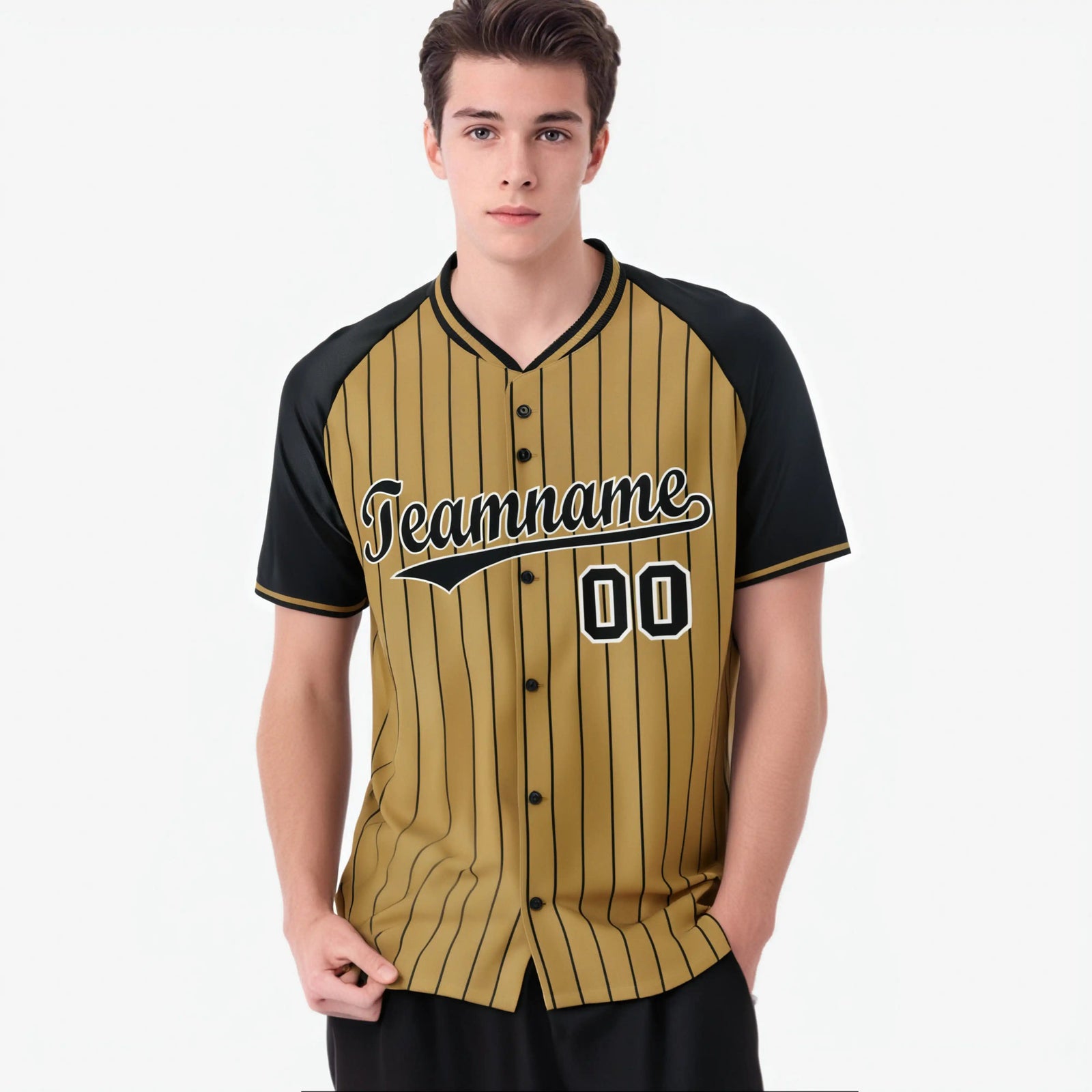 Custom Old Gold-Black Pinstripe Black Old-Gold Authentic Raglan Sleeves Baseball Jersey