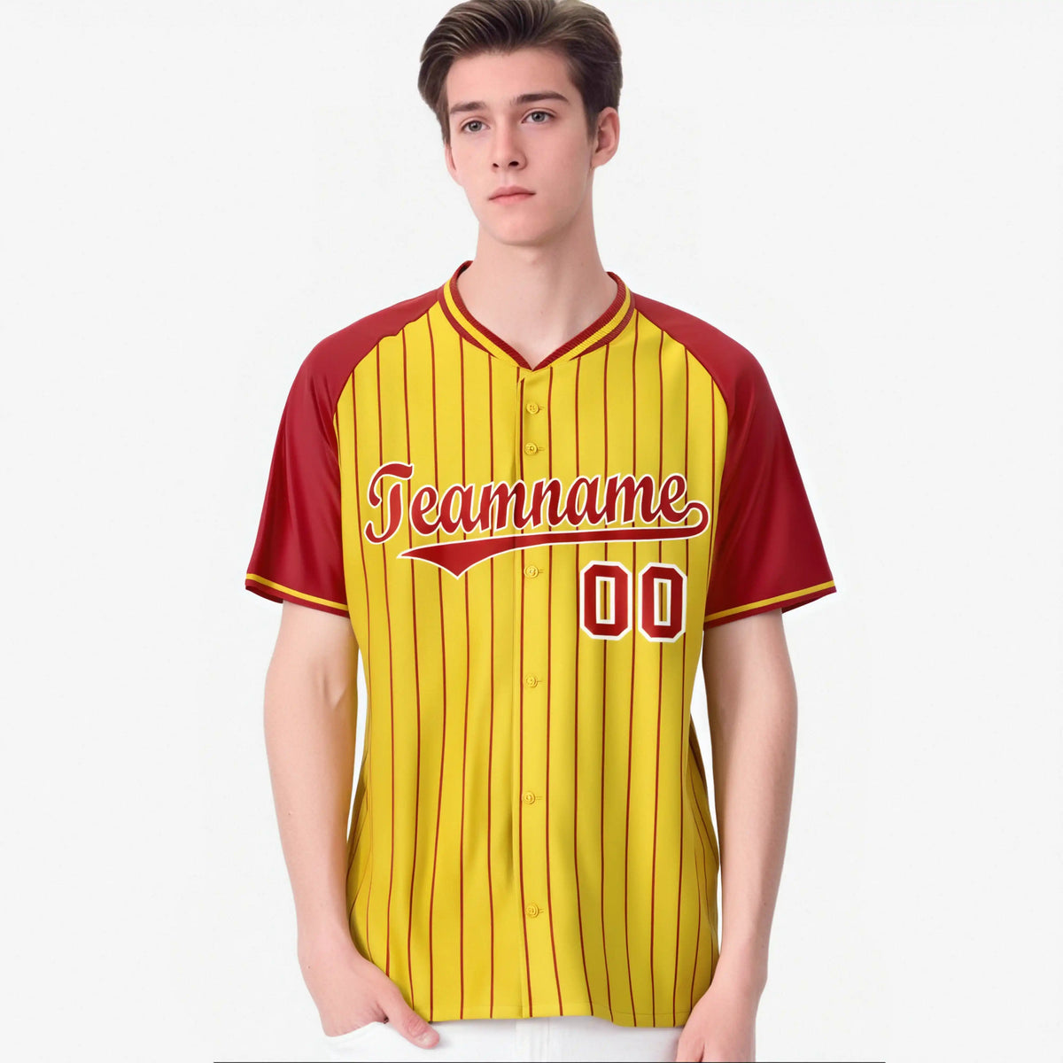 Custom Yellow Red Pinstripe Red-Yellow Authentic Raglan Sleeves Baseball Jersey