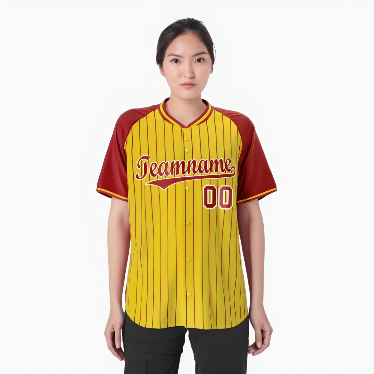 Custom Yellow Red Pinstripe Red-Yellow Authentic Raglan Sleeves Baseball Jersey