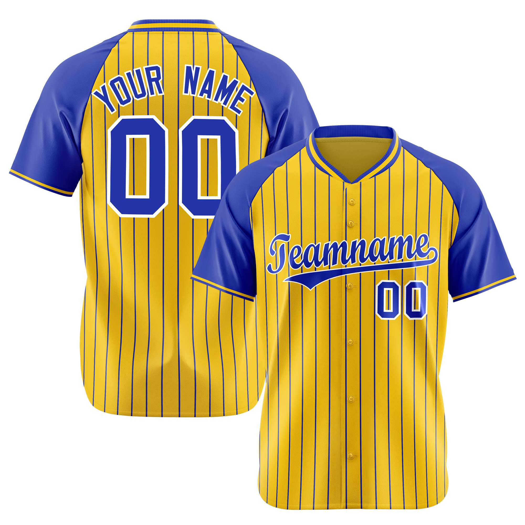 Custom Gold-Royal Blue Pinstripe Authentic Raglan Sleeves Baseball Jersey