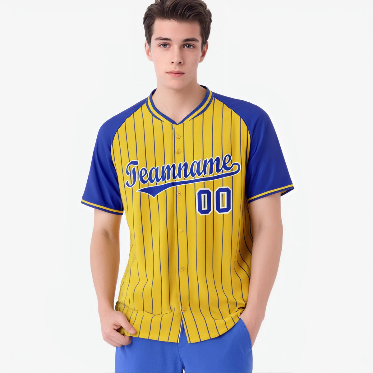 Custom Gold-Royal Blue Pinstripe Authentic Raglan Sleeves Baseball Jersey