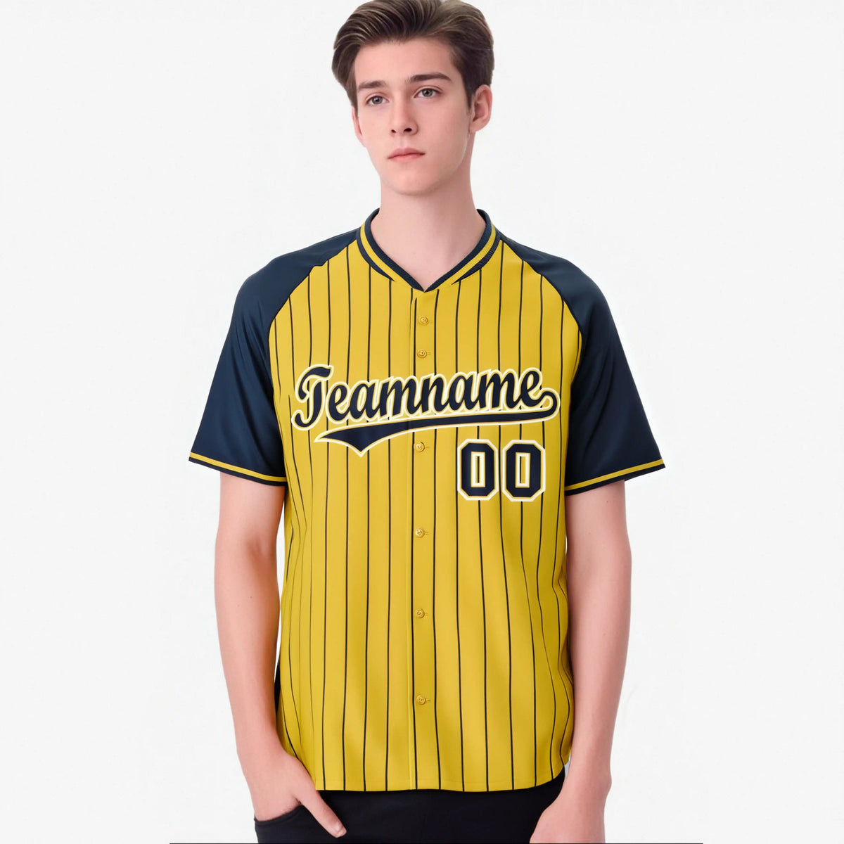 Custom Gold Navy Pinstripe Navy Gold Authentic Raglan Sleeves Baseball Jersey