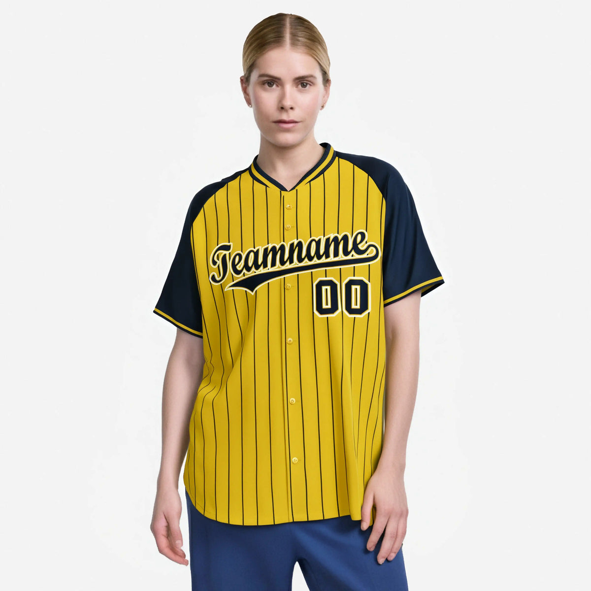 Custom Gold Navy Pinstripe Navy Gold Authentic Raglan Sleeves Baseball Jersey