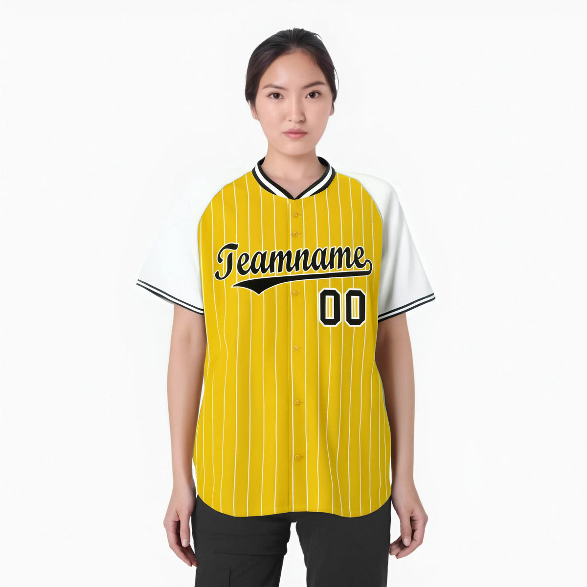 Custom Gold-White Pinstripe Gold-White Authentic Raglan Sleeves Baseball Jersey
