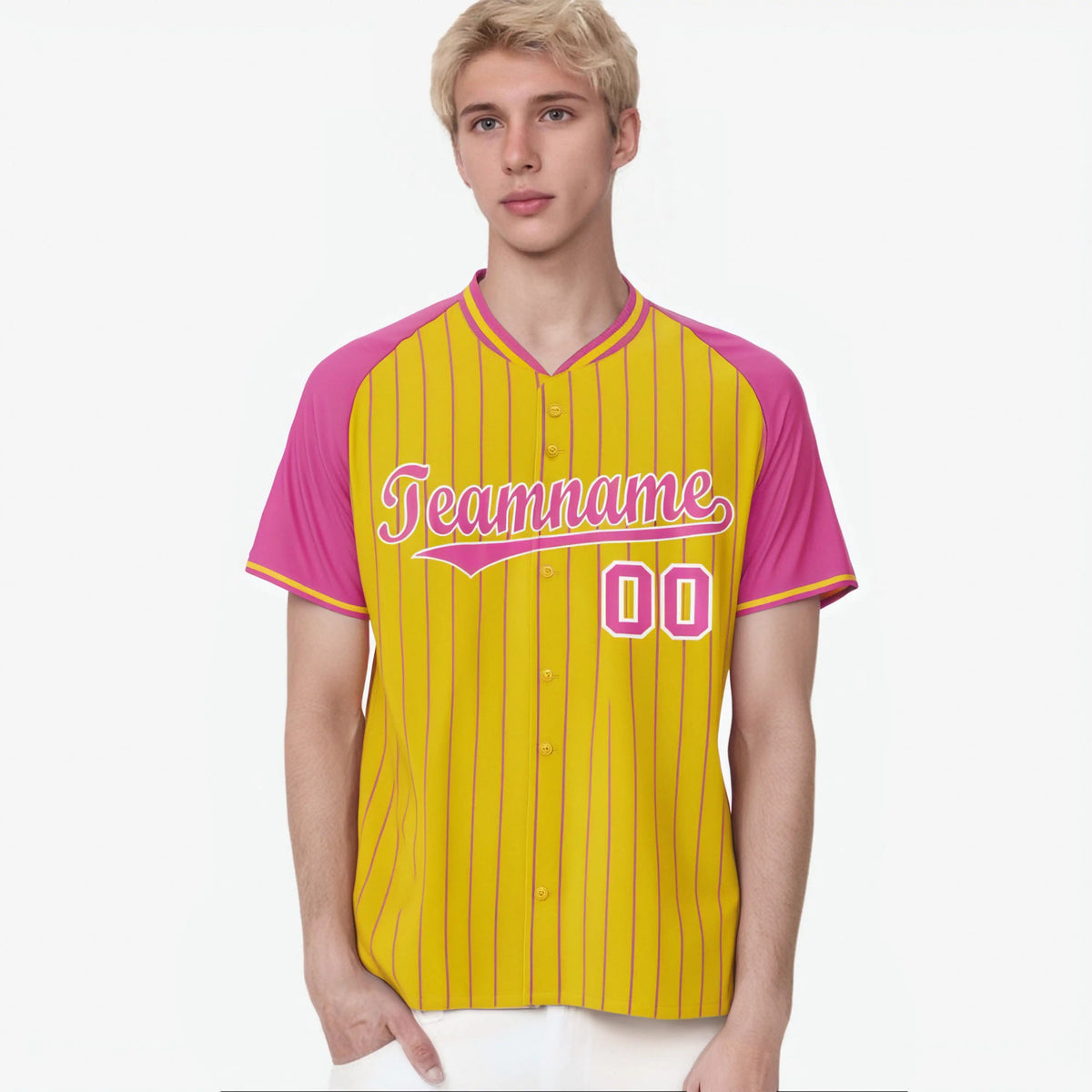 Custom Gold Pink Pinstripe Gold Pink Authentic Raglan Sleeves Baseball Jersey