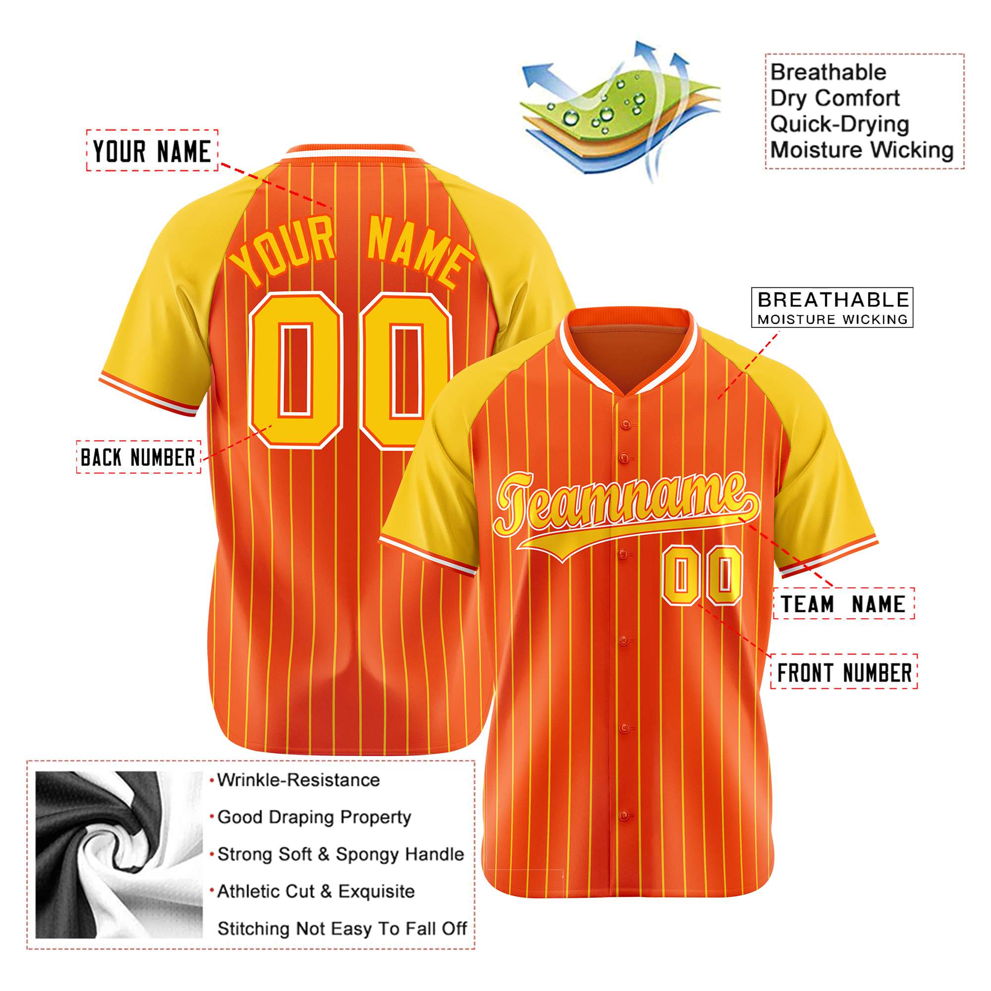 Custom Orange Gold Pinstripe Gold-Orange Authentic Raglan Sleeves Baseball Jersey